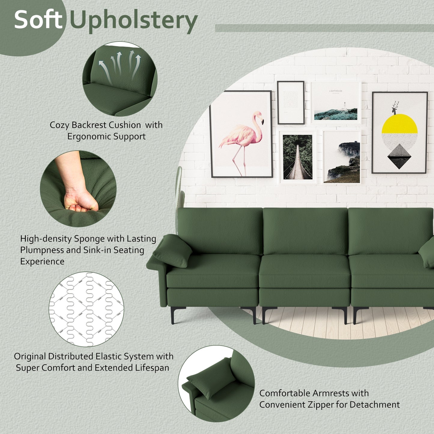 Modern 3-Seat Sofa with Metal Legs, Built-in USB Charging Ports, and Deep Cushions in Army Green