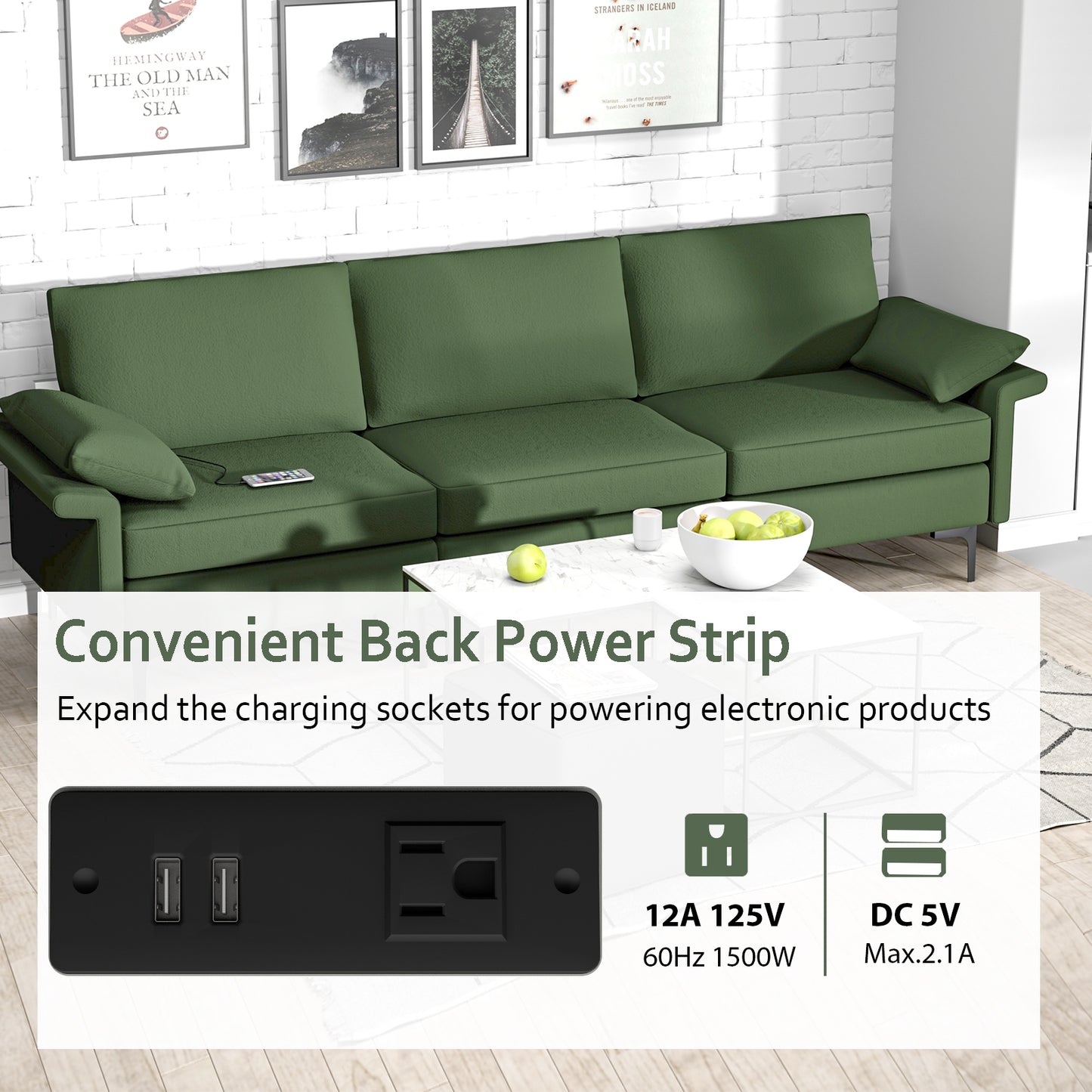 Modern 3-Seat Sofa with Metal Legs, Built-in USB Charging Ports, and Deep Cushions in Army Green
