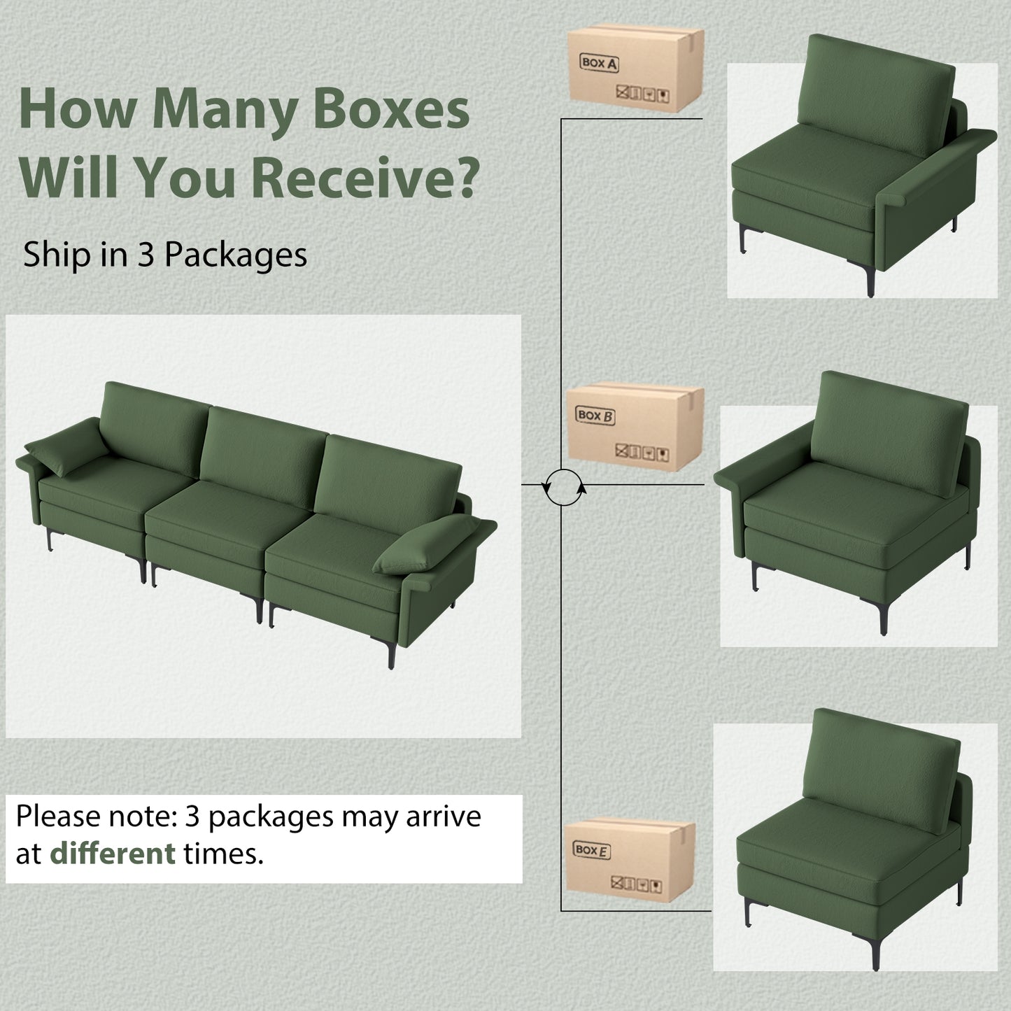 Modern 3-Seat Sofa with Metal Legs, Built-in USB Charging Ports, and Deep Cushions in Army Green