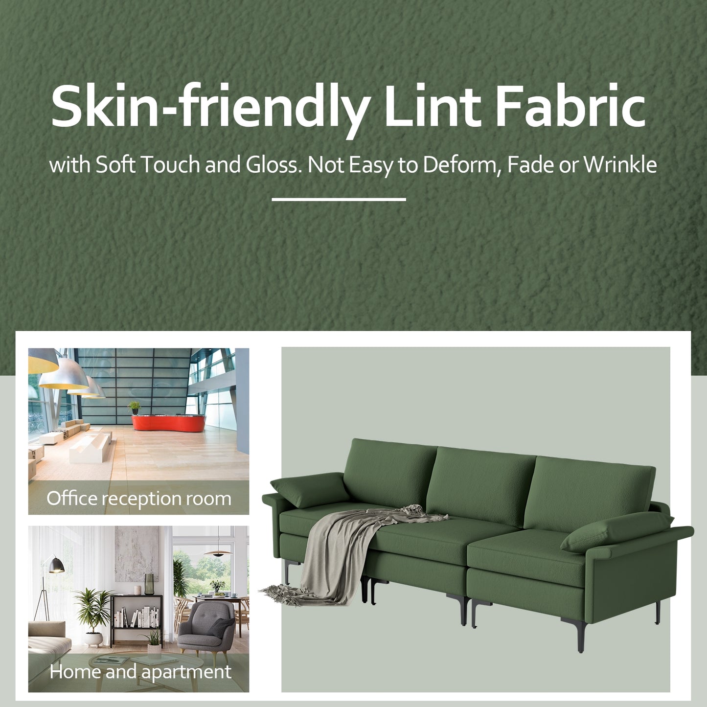 Modern 3-Seat Sofa with Metal Legs, Built-in USB Charging Ports, and Deep Cushions in Army Green