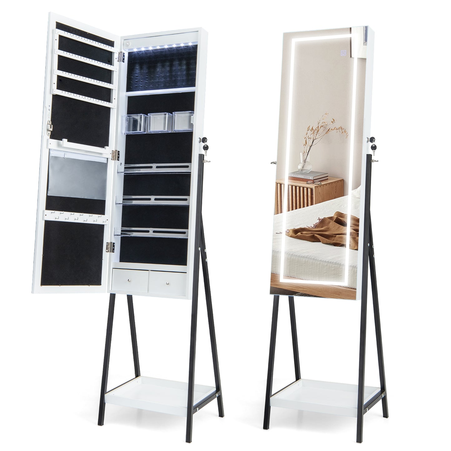 LED Jewelry Armoire with 3-Color Lighted Full-Length Mirror, Lockable Storage, and Standing Design – White