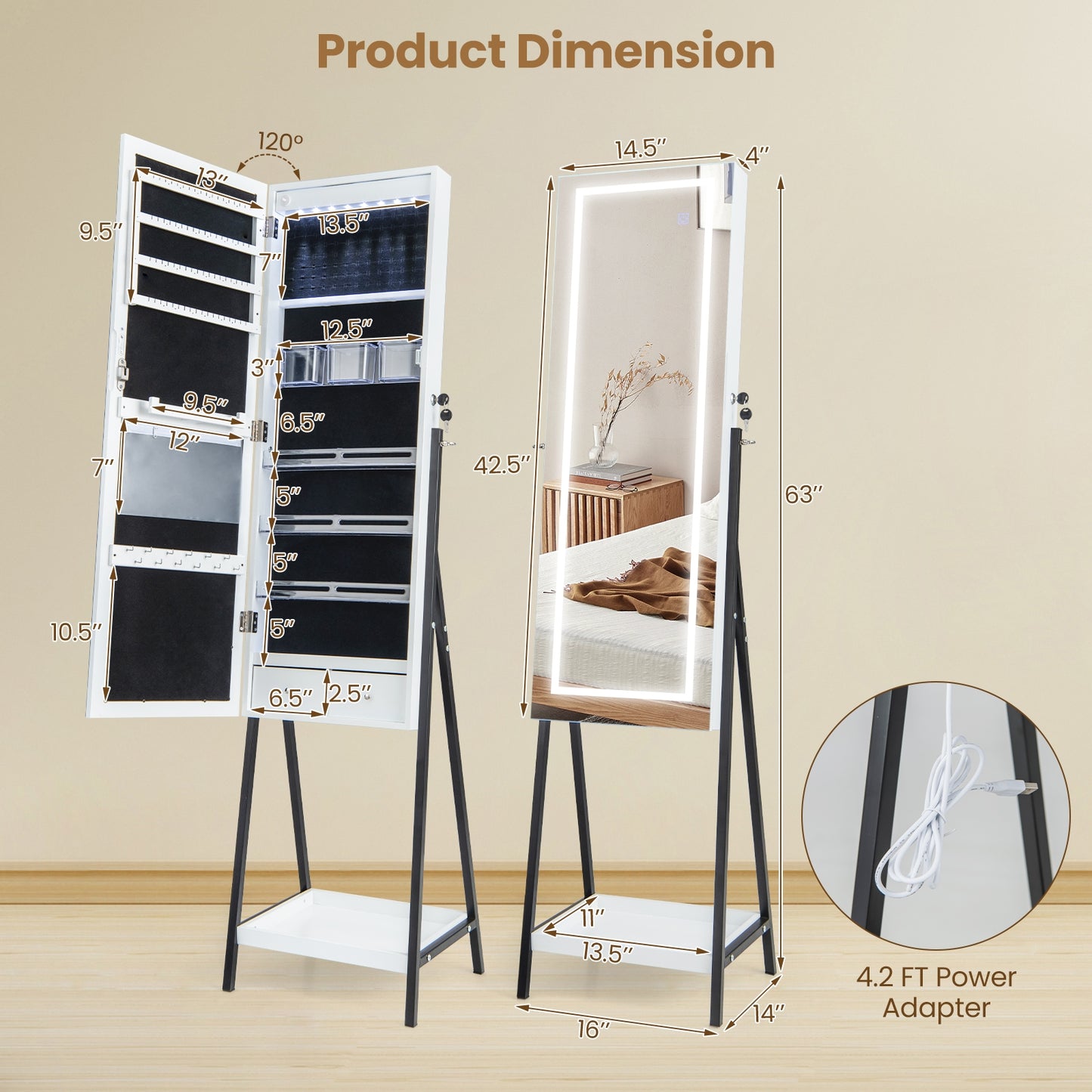 LED Jewelry Armoire with 3-Color Lighted Full-Length Mirror, Lockable Storage, and Standing Design – White