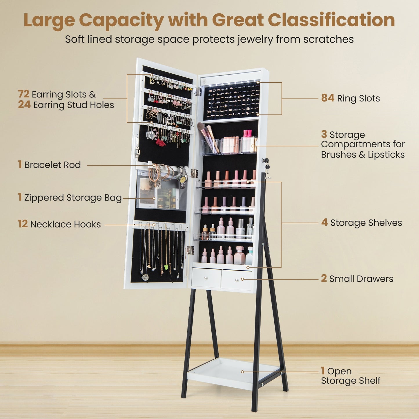 LED Jewelry Armoire with 3-Color Lighted Full-Length Mirror, Lockable Storage, and Standing Design – White