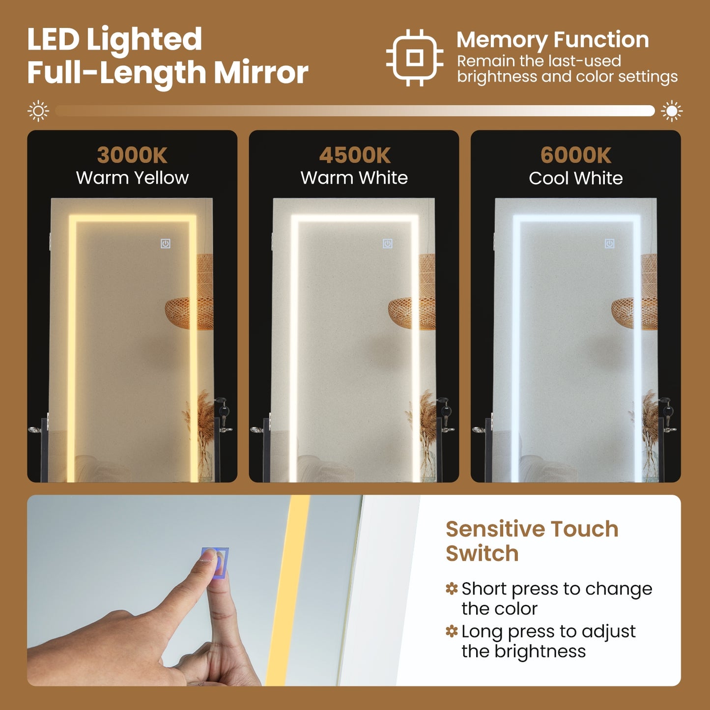 LED Jewelry Armoire with 3-Color Lighted Full-Length Mirror, Lockable Storage, and Standing Design – White