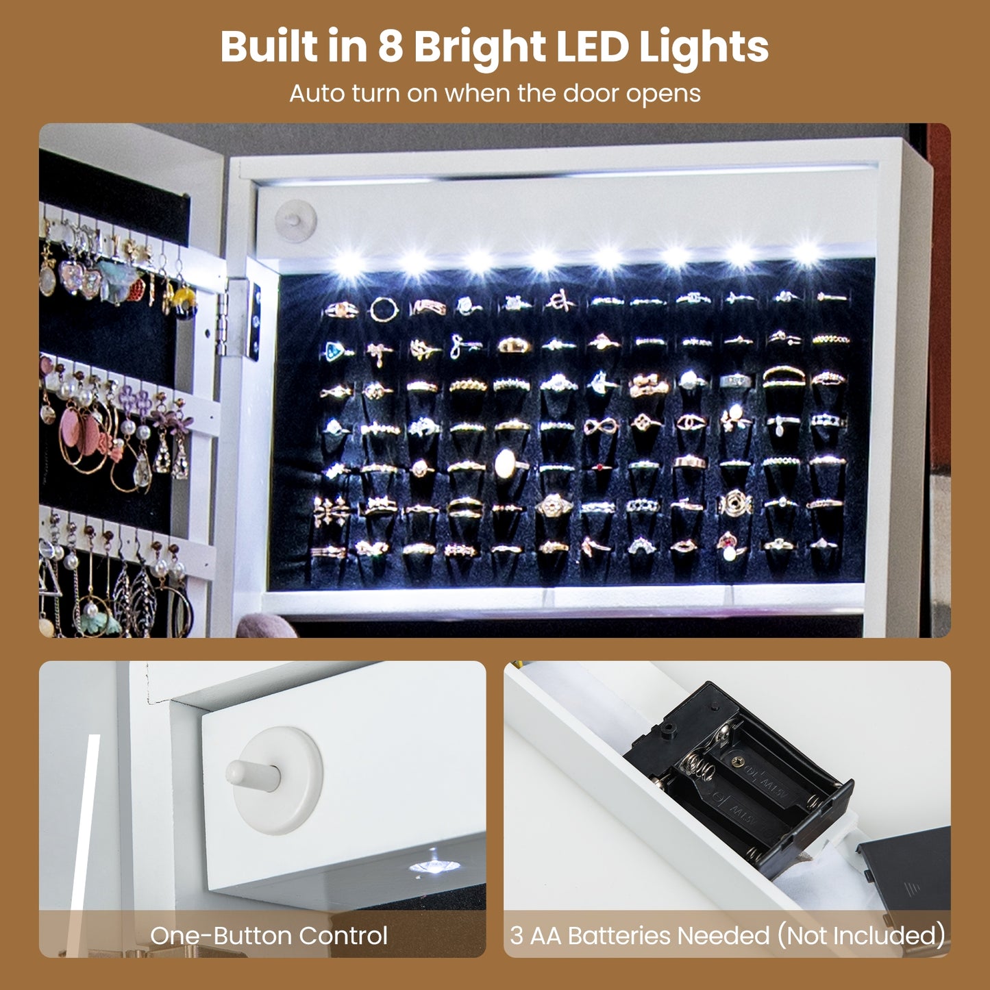 LED Jewelry Armoire with 3-Color Lighted Full-Length Mirror, Lockable Storage, and Standing Design – White