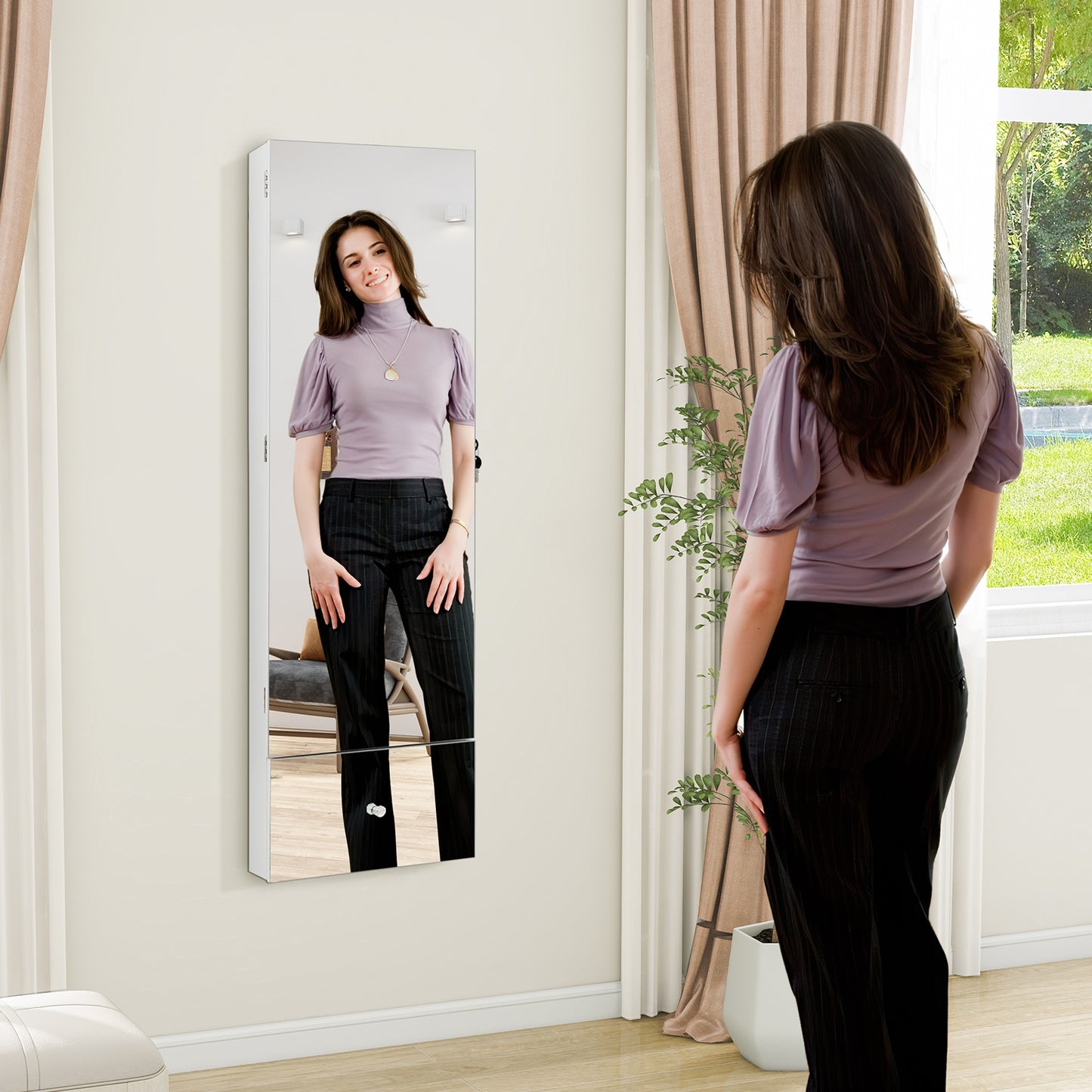 Wall-Mounted Jewelry Armoire with Full-Length Frameless Mirror, LED Lights, and Lockable Storage