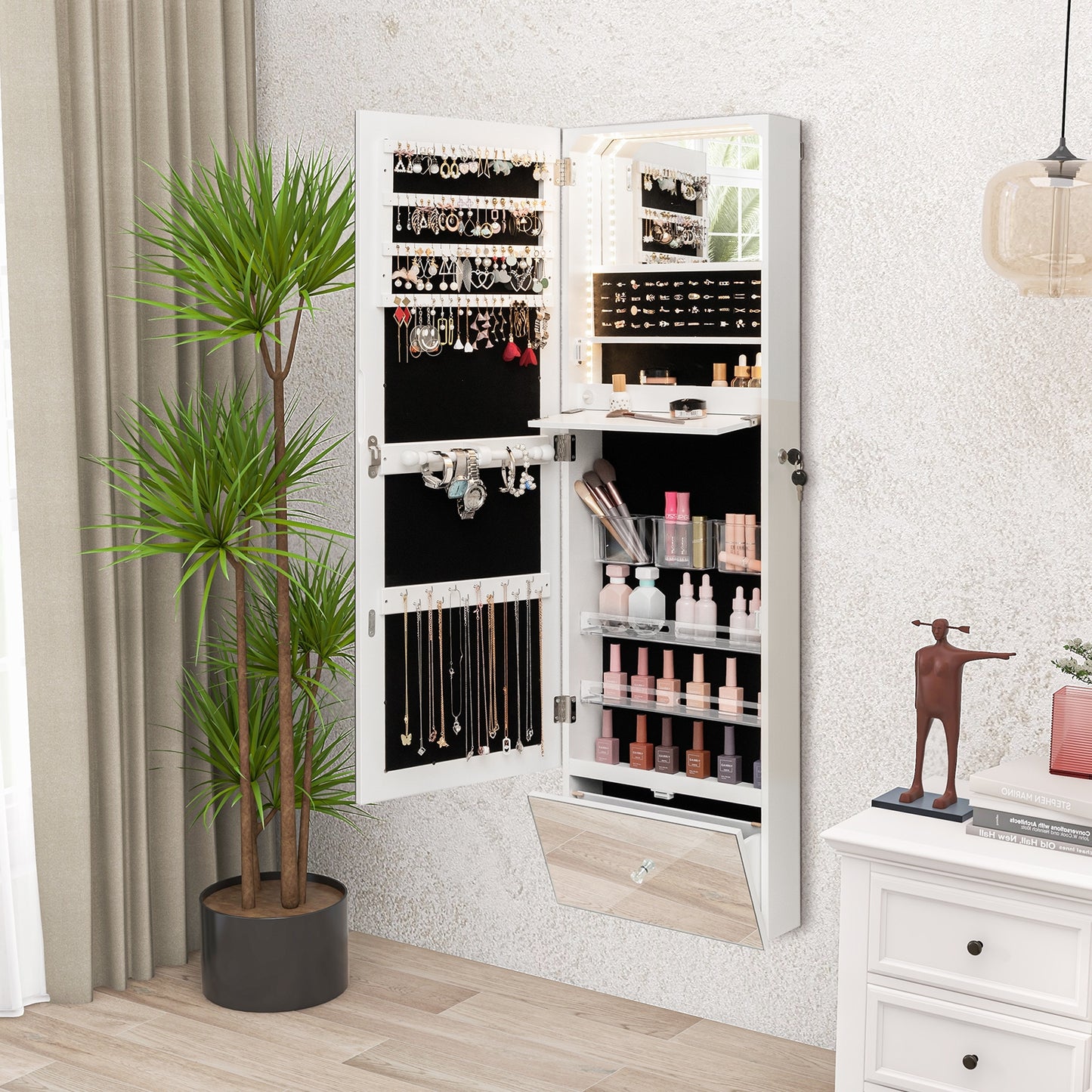 Wall-Mounted Jewelry Armoire with Full-Length Frameless Mirror, LED Lights, and Lockable Storage
