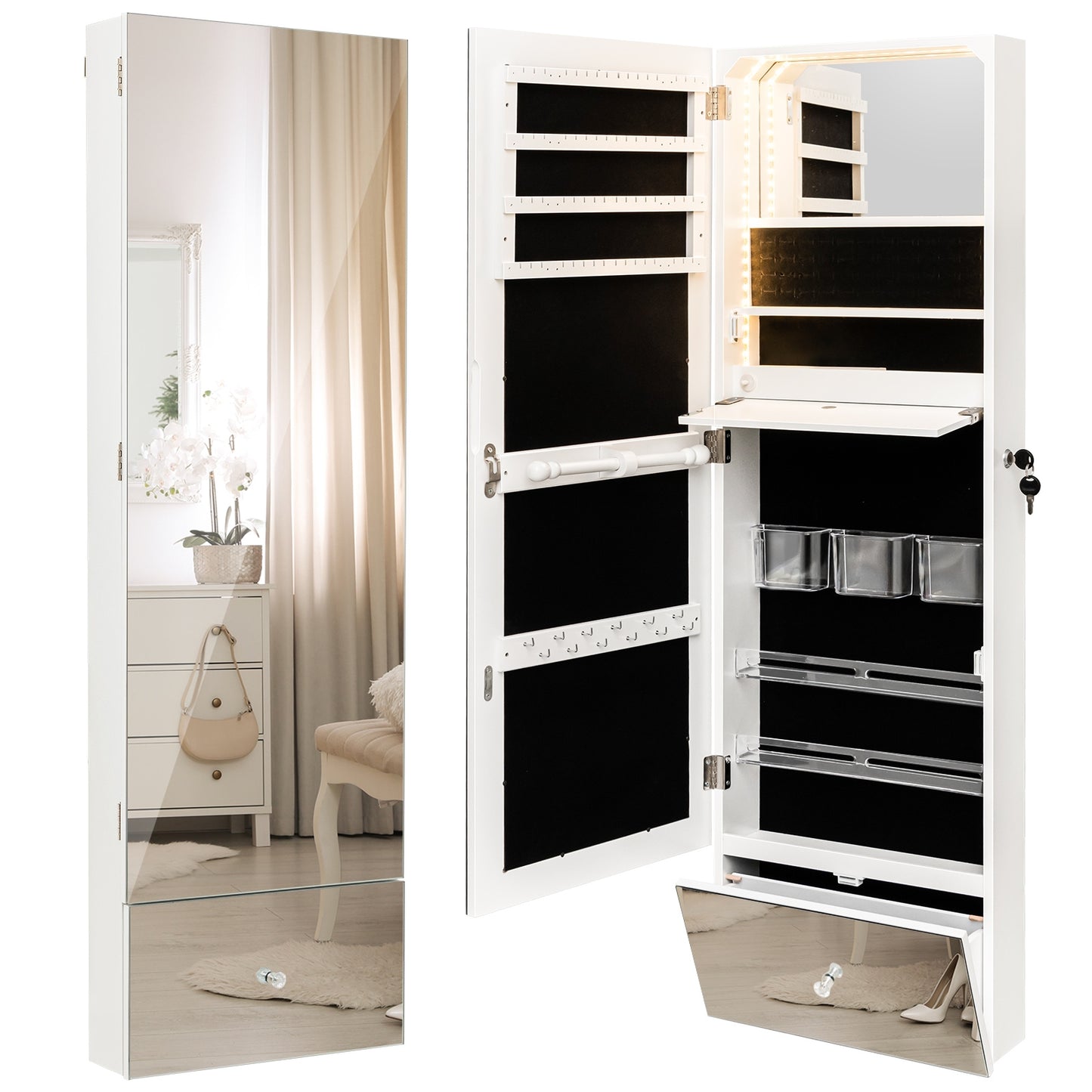 Wall-Mounted Jewelry Armoire with Full-Length Frameless Mirror, LED Lights, and Lockable Storage