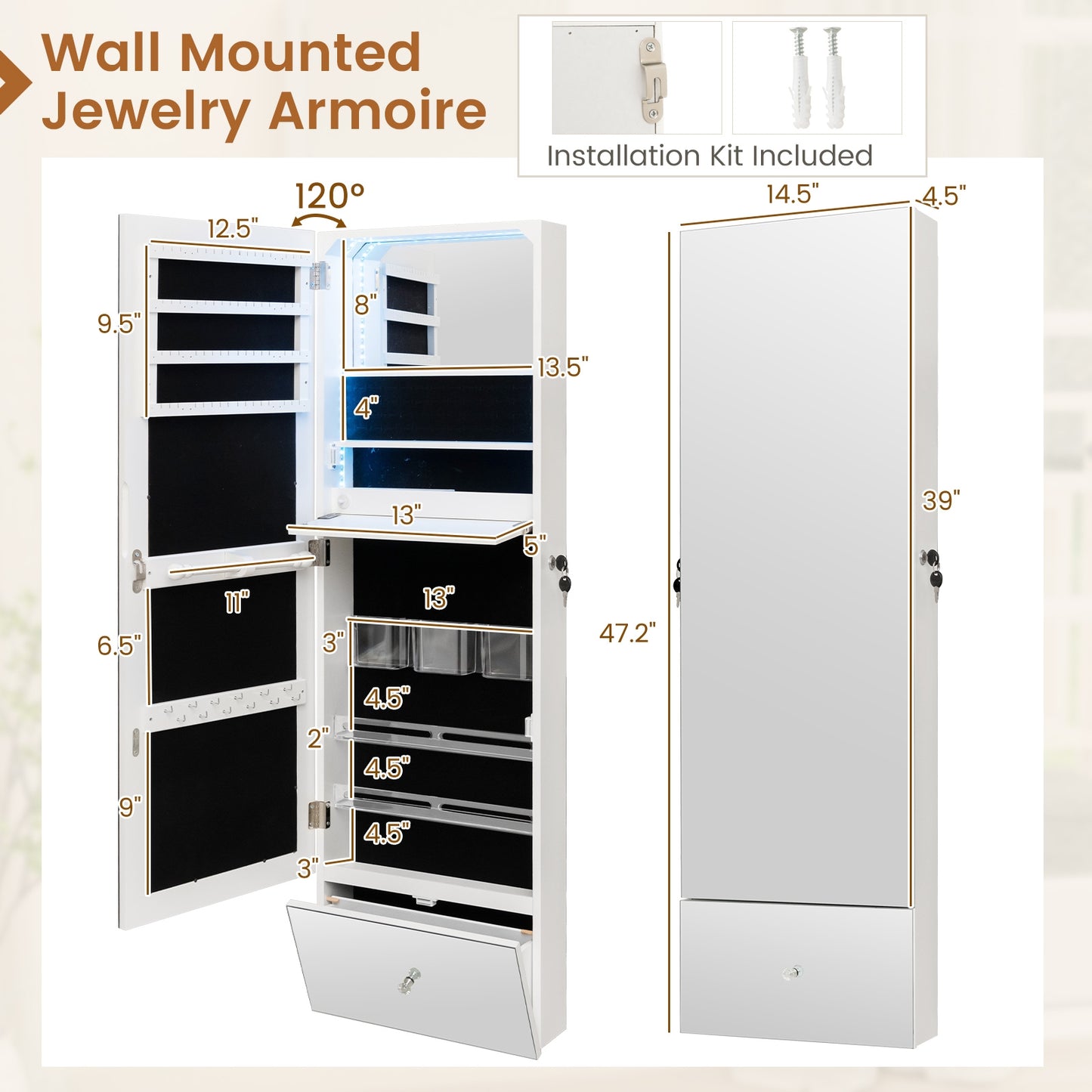 Wall-Mounted Jewelry Armoire with Full-Length Frameless Mirror, LED Lights, and Lockable Storage