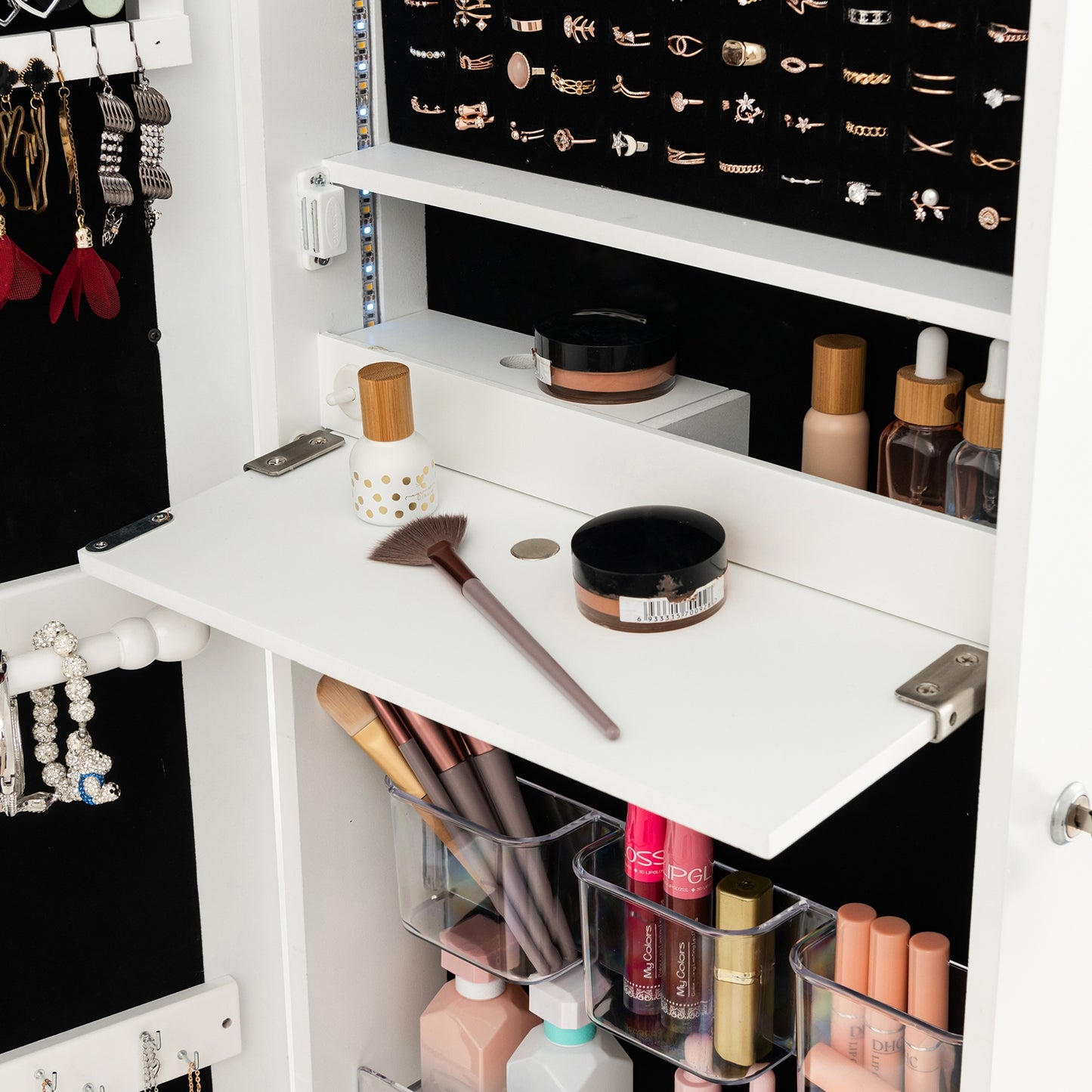 Wall-Mounted Jewelry Armoire with Full-Length Frameless Mirror, LED Lights, and Lockable Storage