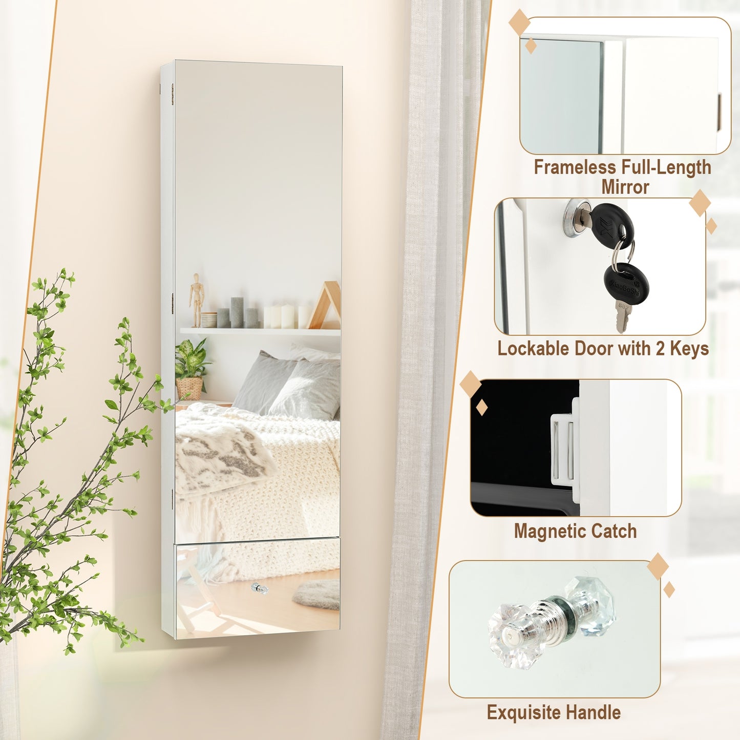 Wall-Mounted Jewelry Armoire with Full-Length Frameless Mirror, LED Lights, and Lockable Storage