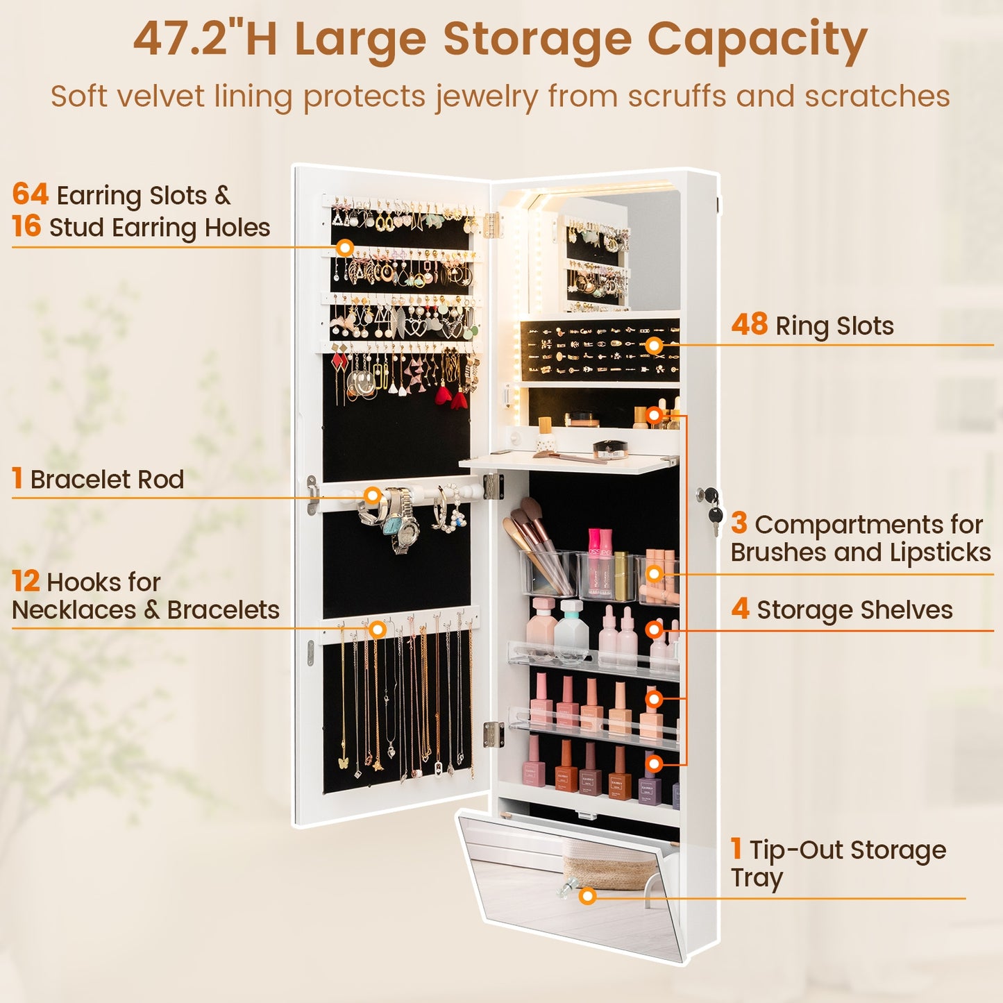 Wall-Mounted Jewelry Armoire with Full-Length Frameless Mirror, LED Lights, and Lockable Storage