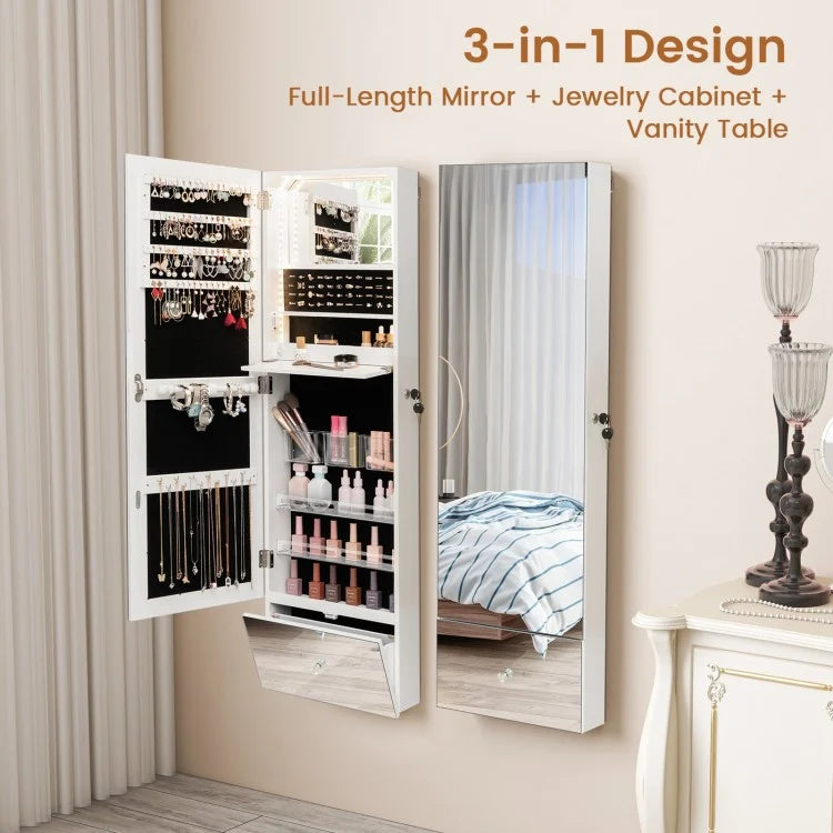 Wall-Mounted Jewelry Armoire with Full-Length Frameless Mirror, LED Lights, and Lockable Storage