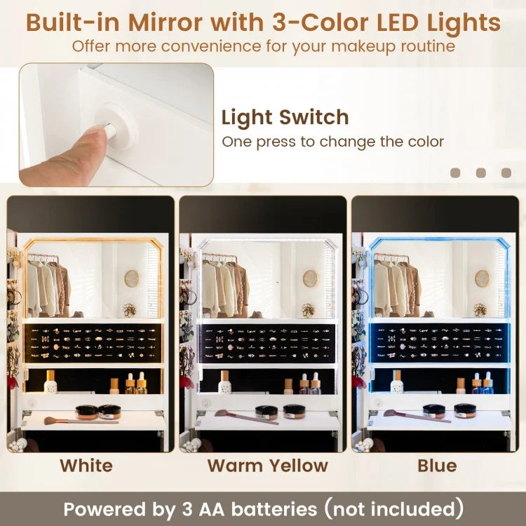 Wall-Mounted Jewelry Armoire with Full-Length Frameless Mirror, LED Lights, and Lockable Storage