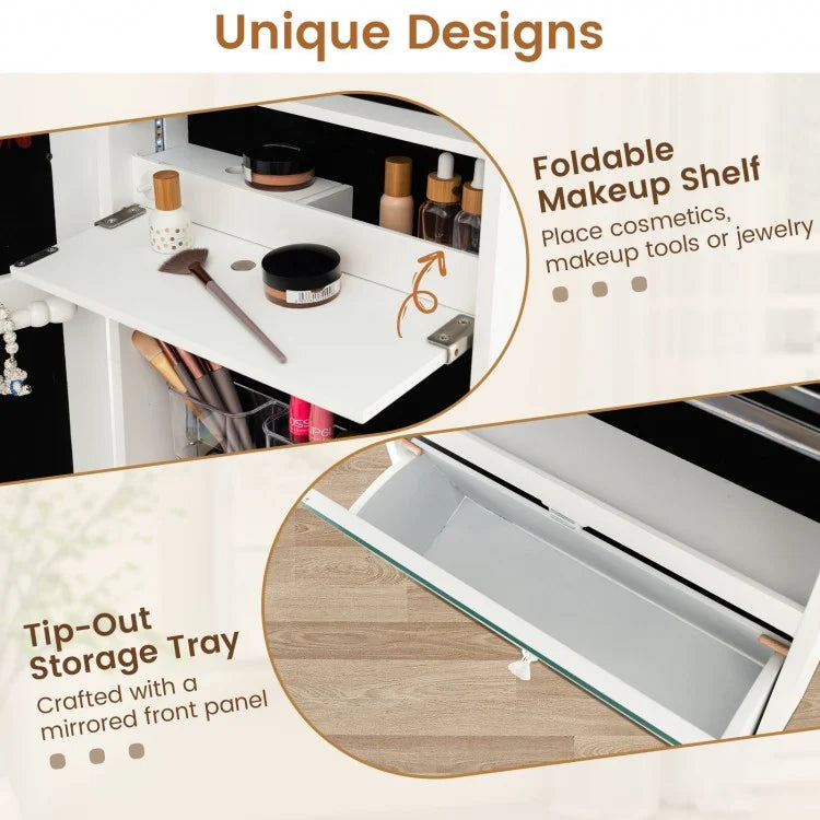 Wall-Mounted Jewelry Armoire with Full-Length Frameless Mirror, LED Lights, and Lockable Storage