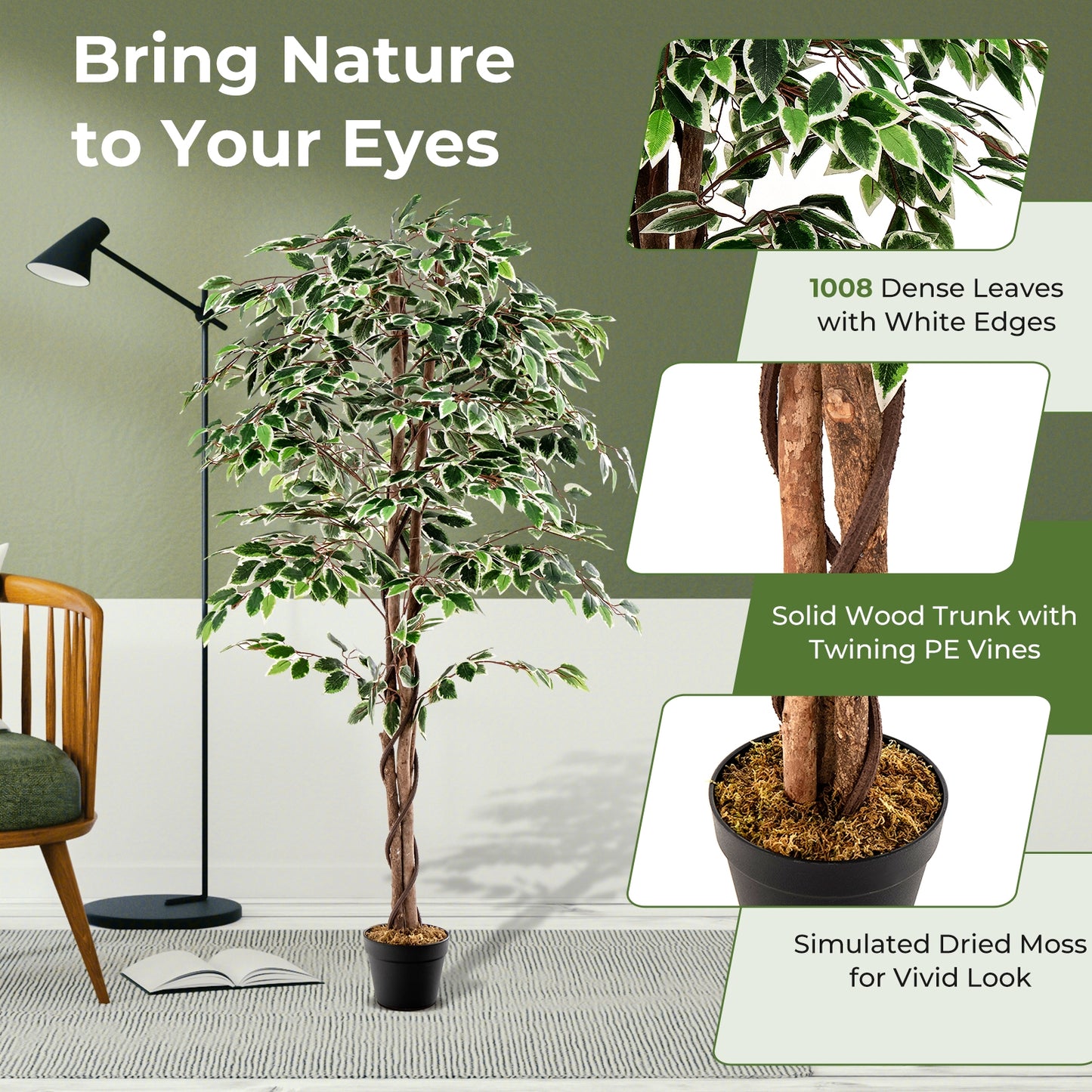 63" Lifelike Artificial Ficus Tree with 1008 Leaves, Realistic Trunk, and Dried Moss for Indoor Décor