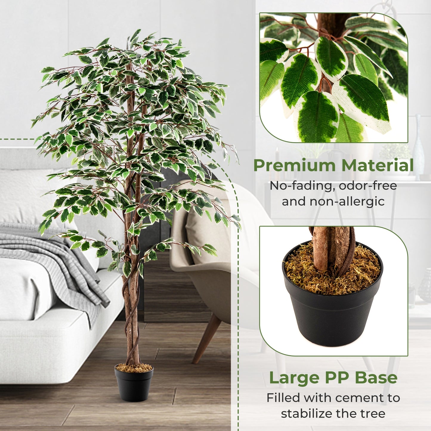 63" Lifelike Artificial Ficus Tree with 1008 Leaves, Realistic Trunk, and Dried Moss for Indoor Décor