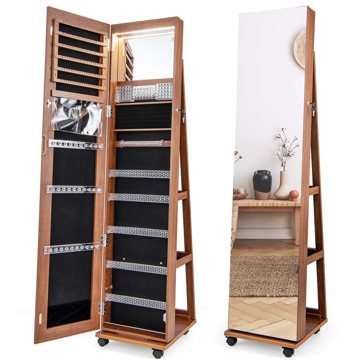 64 Inch Lockable Jewelry Armoire with Built-In LED Makeup Mirror, Large Storage, and Full-Length Mirror – Brown