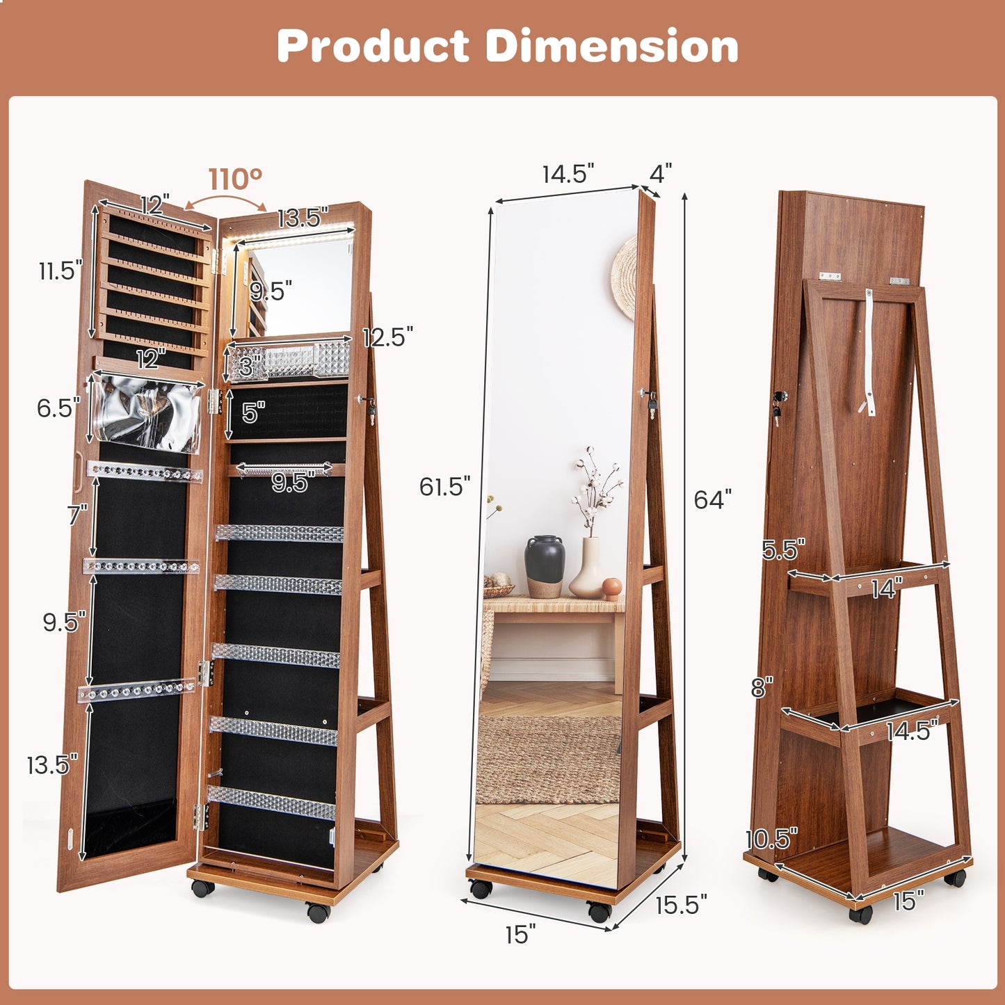 64 Inch Lockable Jewelry Armoire with Built-In LED Makeup Mirror, Large Storage, and Full-Length Mirror – Brown
