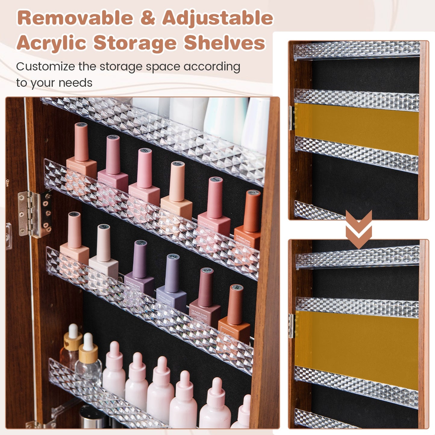 64 Inch Lockable Jewelry Armoire with Built-In LED Makeup Mirror, Large Storage, and Full-Length Mirror – Brown