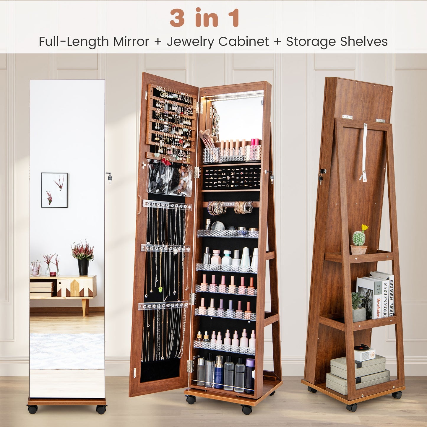 64 Inch Lockable Jewelry Armoire with Built-In LED Makeup Mirror, Large Storage, and Full-Length Mirror – Brown