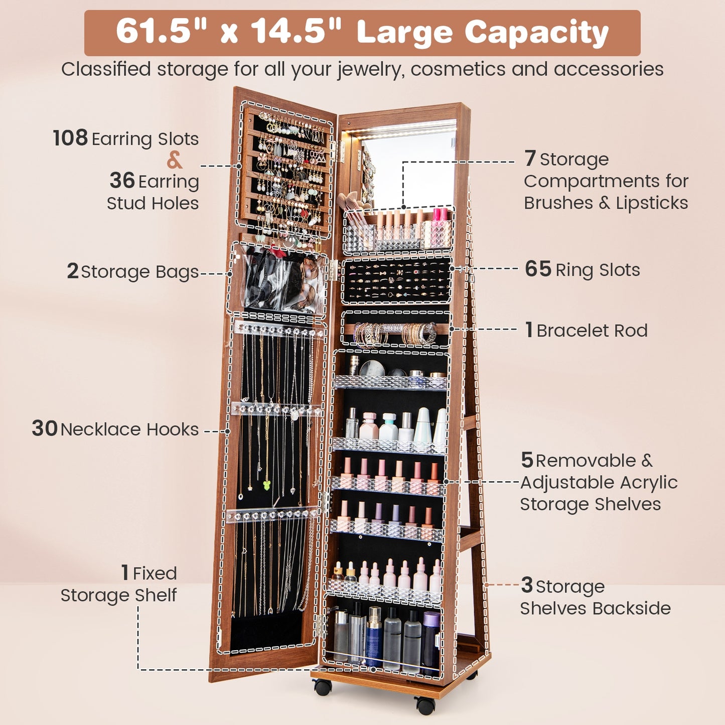 64 Inch Lockable Jewelry Armoire with Built-In LED Makeup Mirror, Large Storage, and Full-Length Mirror – Brown