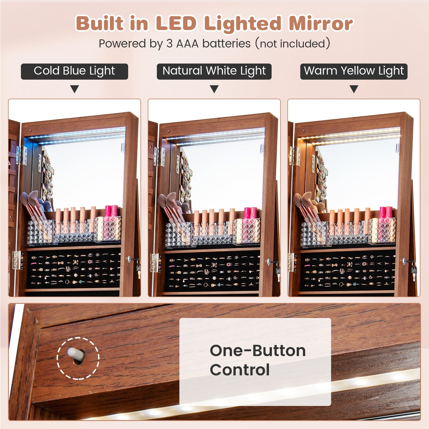 64 Inch Lockable Jewelry Armoire with Built-In LED Makeup Mirror, Large Storage, and Full-Length Mirror – Brown