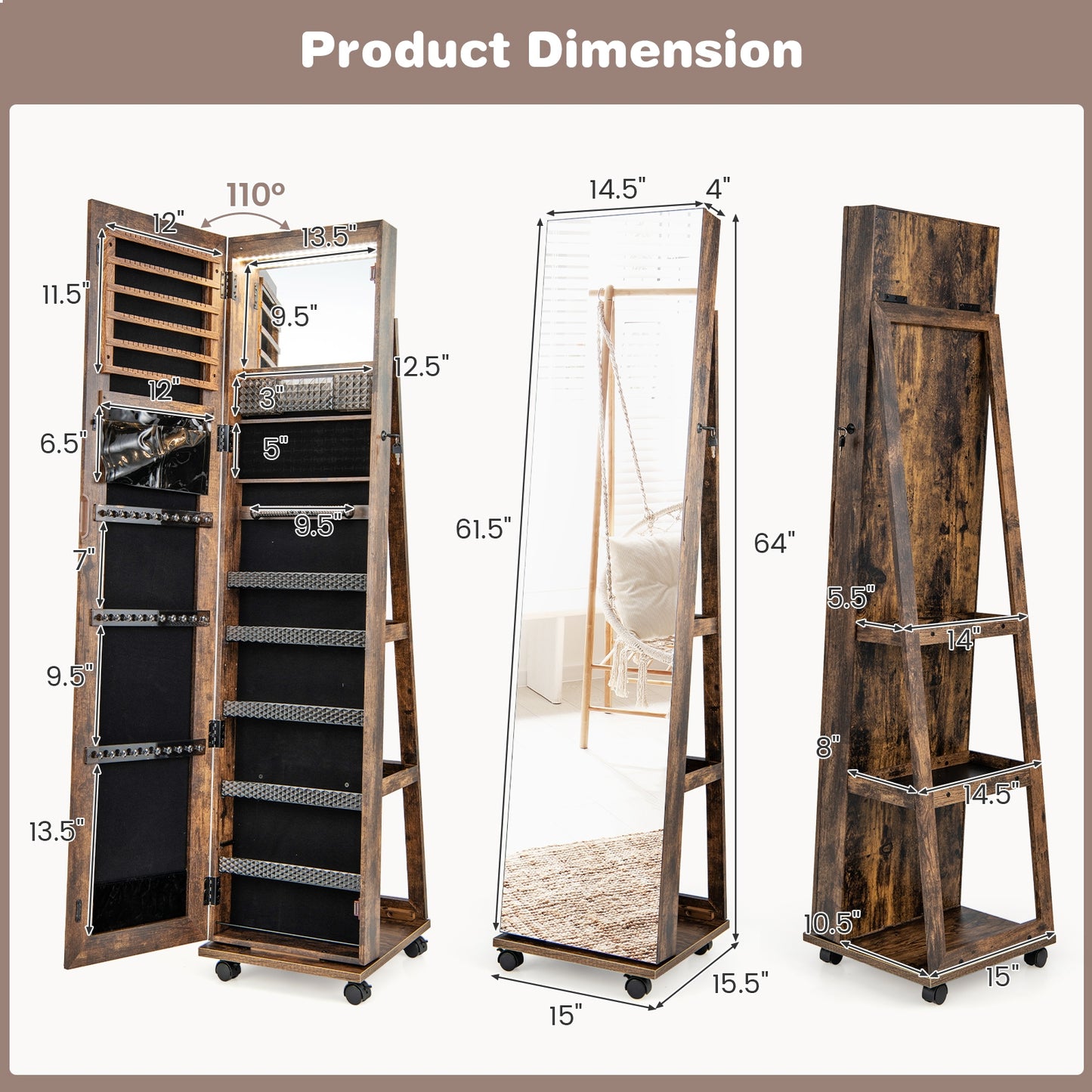 64 Inch Lockable Jewelry Armoire with Built-In LED Makeup Mirror, Large Storage, and Full-Length Mirror – Coffee