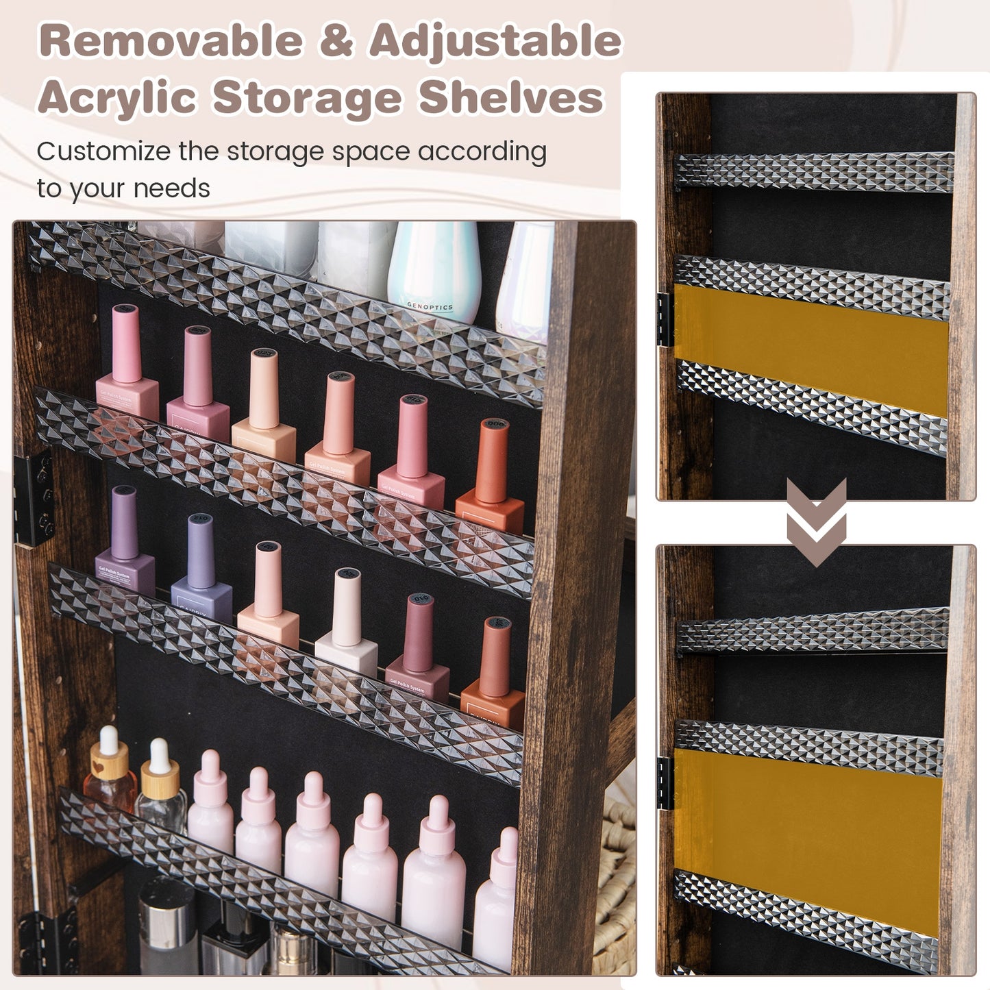 64 Inch Lockable Jewelry Armoire with Built-In LED Makeup Mirror, Large Storage, and Full-Length Mirror – Coffee