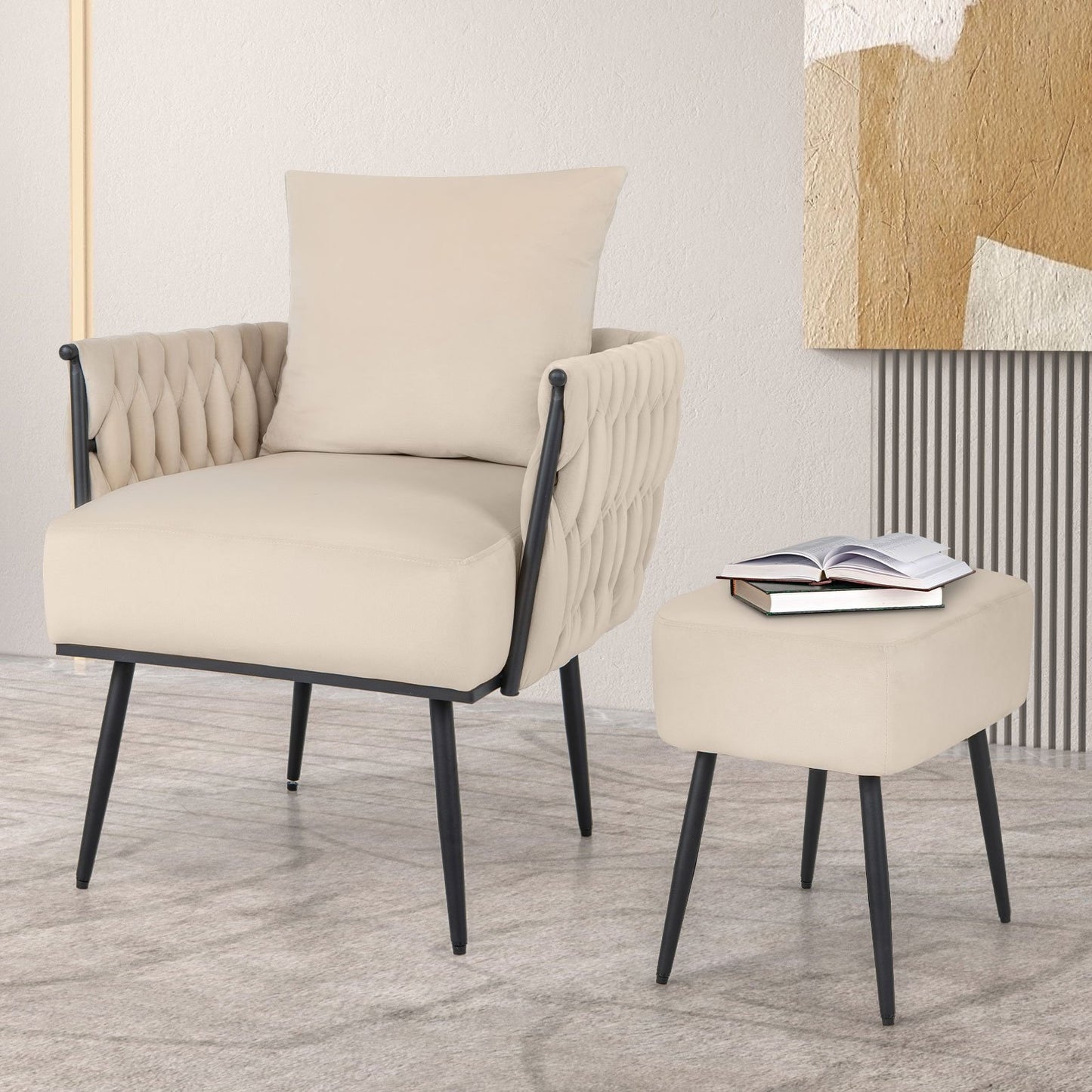 Elegant Dutch Velvet Armchair with Ottoman and Weaved Armrests, White