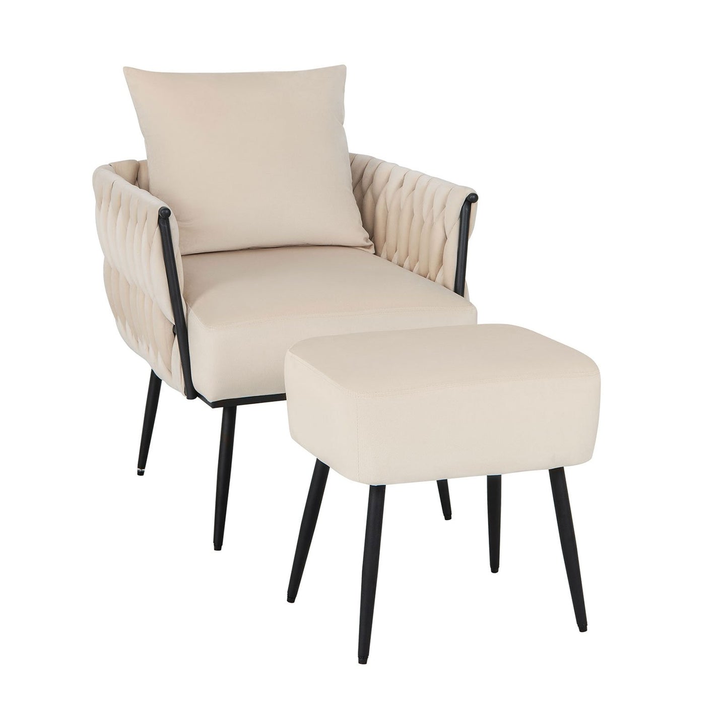 Elegant Dutch Velvet Armchair with Ottoman and Weaved Armrests, White