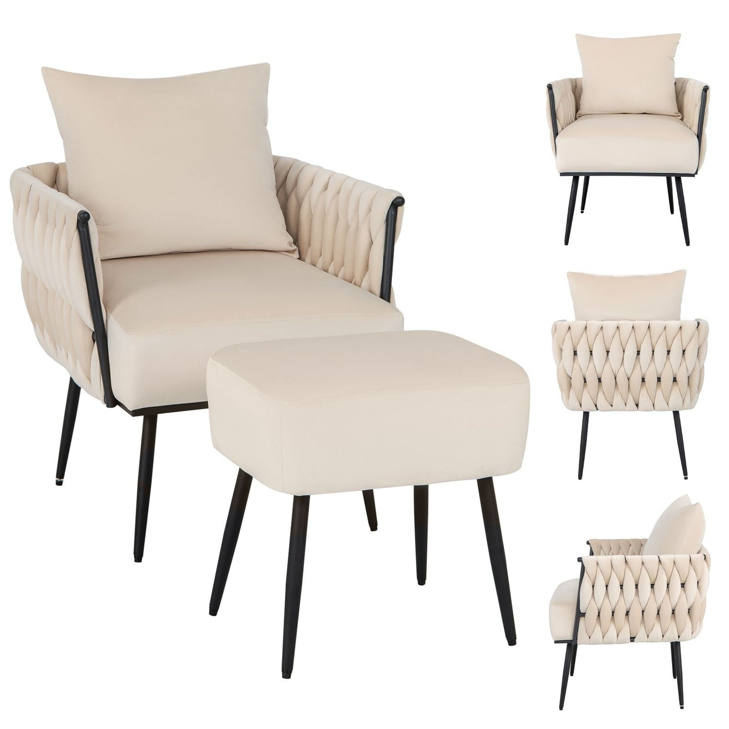 Elegant Dutch Velvet Armchair with Ottoman and Weaved Armrests, White