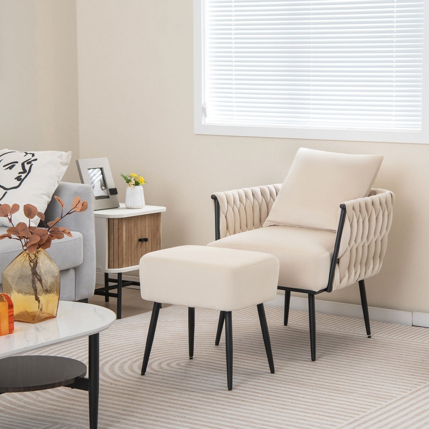 Elegant Dutch Velvet Armchair with Ottoman and Weaved Armrests, White
