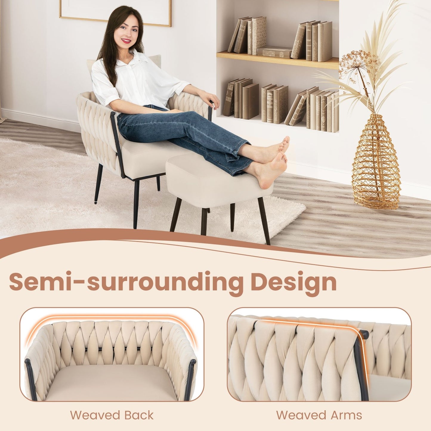 Elegant Dutch Velvet Armchair with Ottoman and Weaved Armrests, White