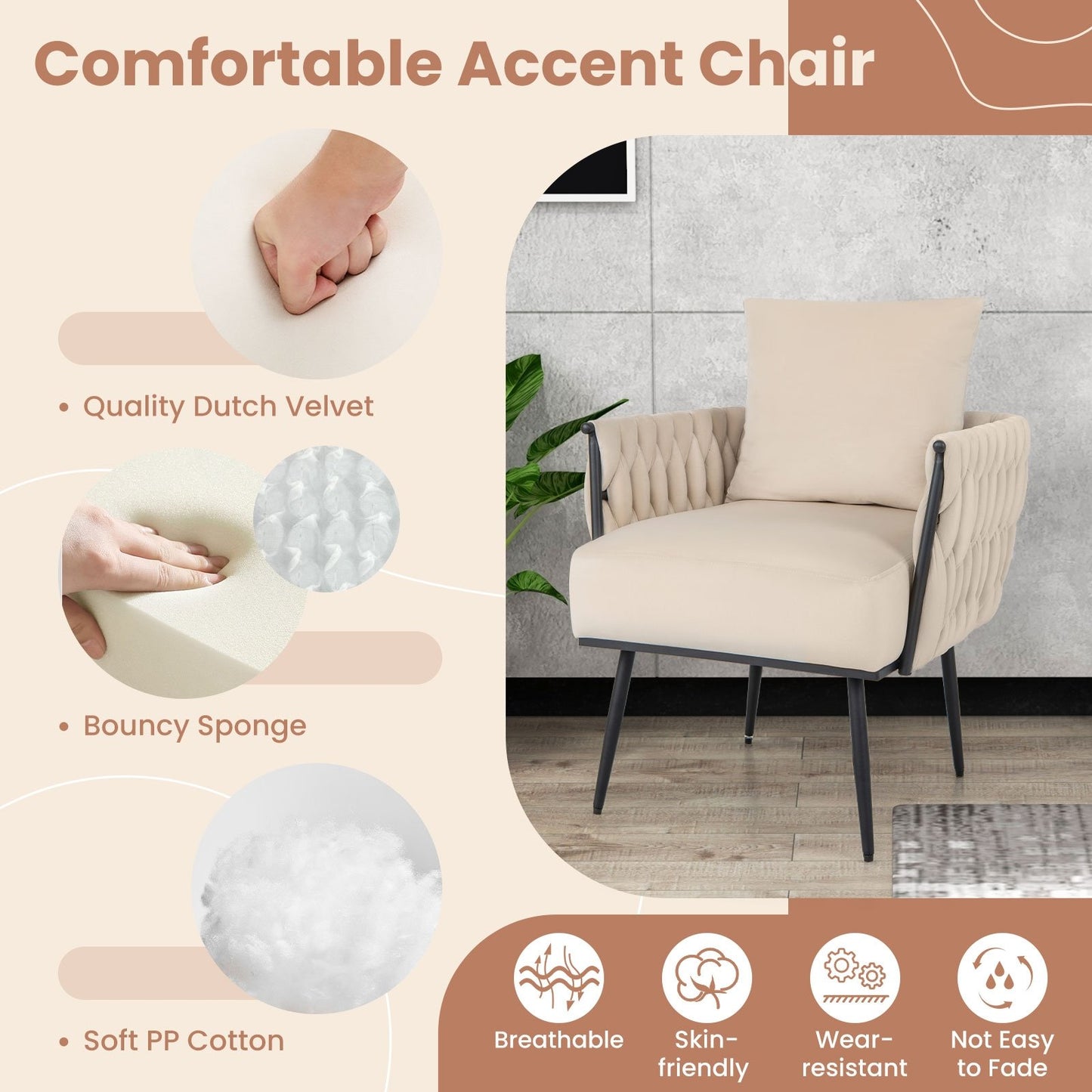 Elegant Dutch Velvet Armchair with Ottoman and Weaved Armrests, White