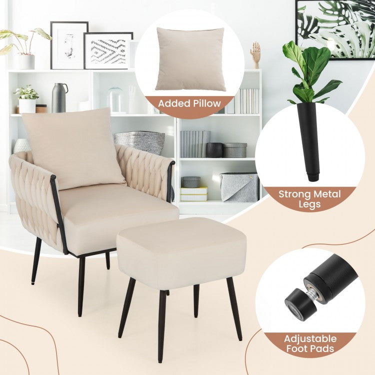 Elegant Dutch Velvet Armchair with Ottoman and Weaved Armrests, White