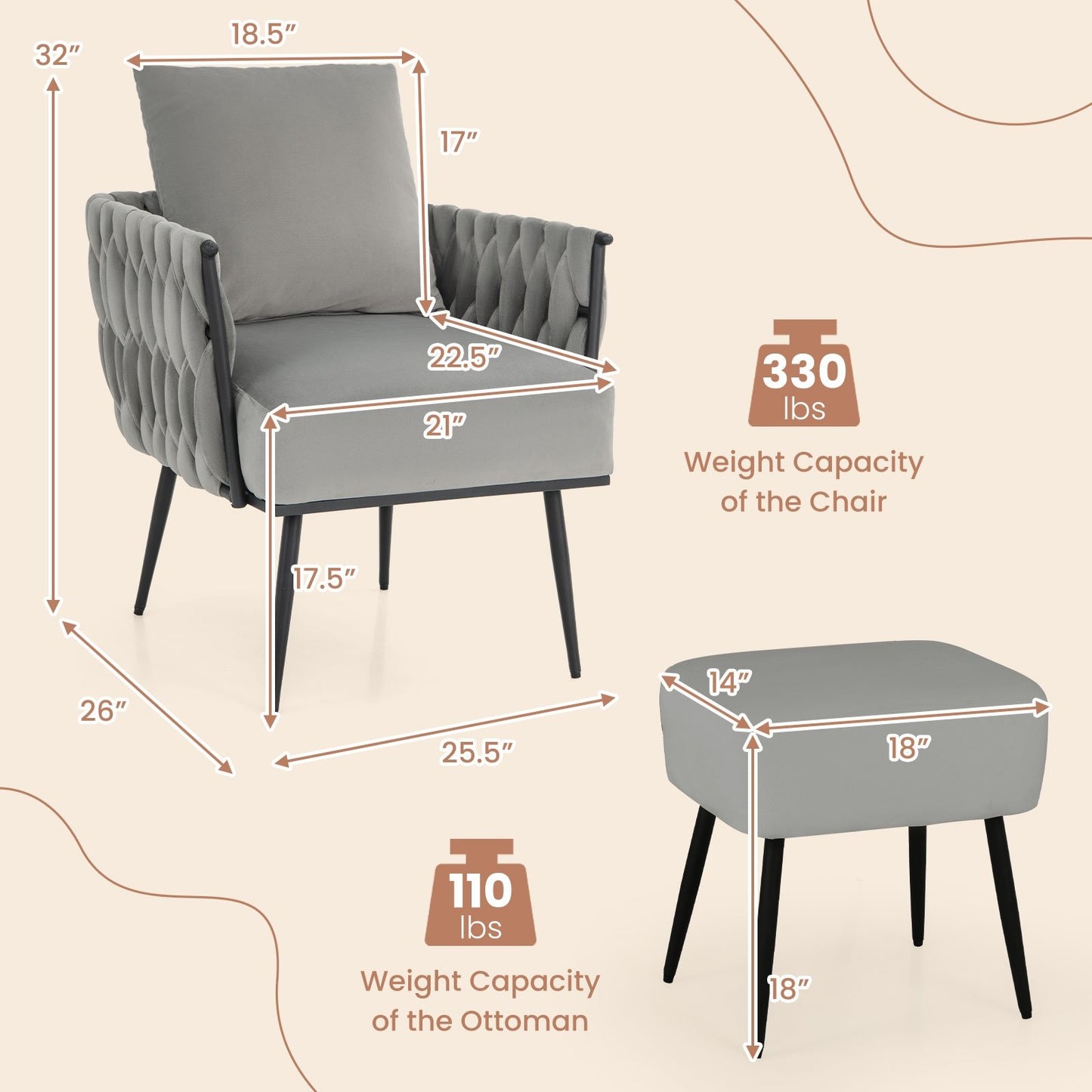 Elegant Dutch Velvet Armchair with Ottoman and Weaved Armrests, Grey