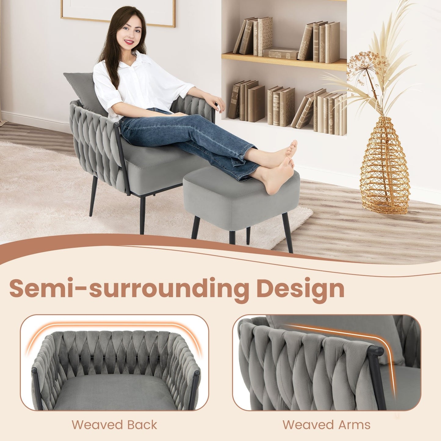 Elegant Dutch Velvet Armchair with Ottoman and Weaved Armrests, Grey