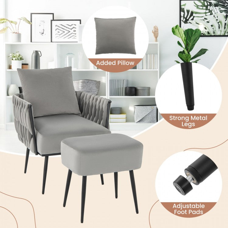 Elegant Dutch Velvet Armchair with Ottoman and Weaved Armrests, Grey