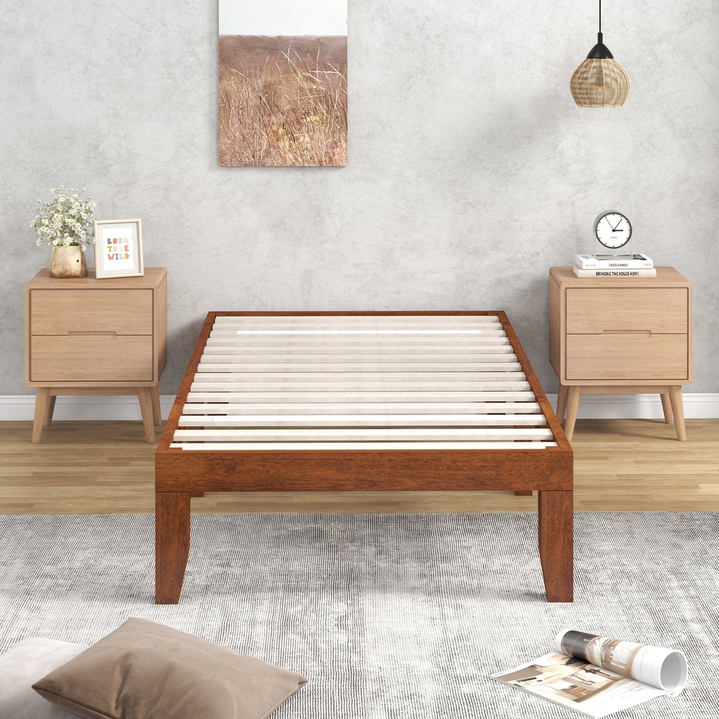 14 Inch Twin Size Solid Rubberwood Platform Bed Frame with Durable Wood Slat Support – Walnut