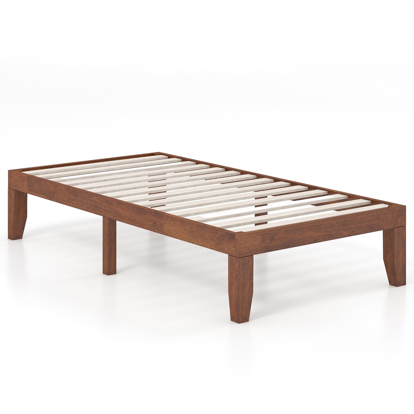14 Inch Twin Size Solid Rubberwood Platform Bed Frame with Durable Wood Slat Support – Walnut