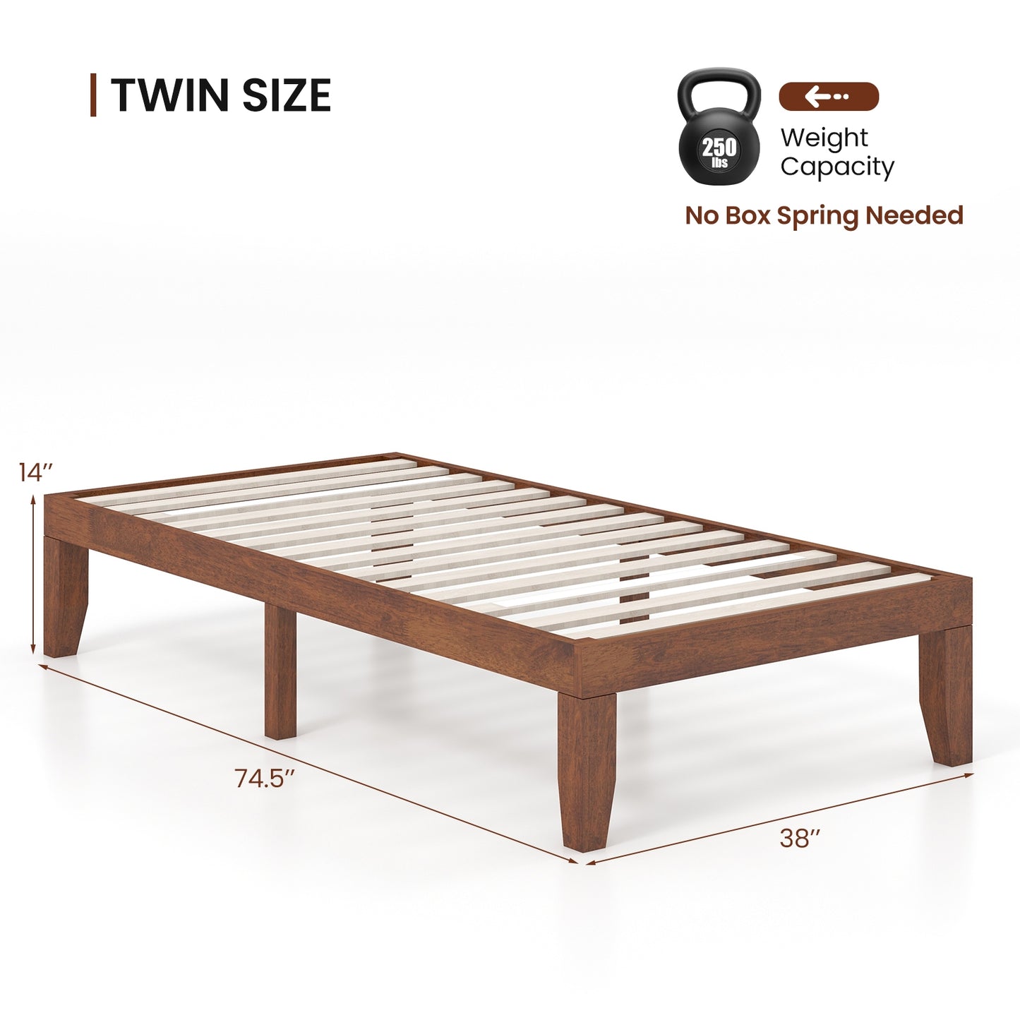 14 Inch Twin Size Solid Rubberwood Platform Bed Frame with Durable Wood Slat Support – Walnut