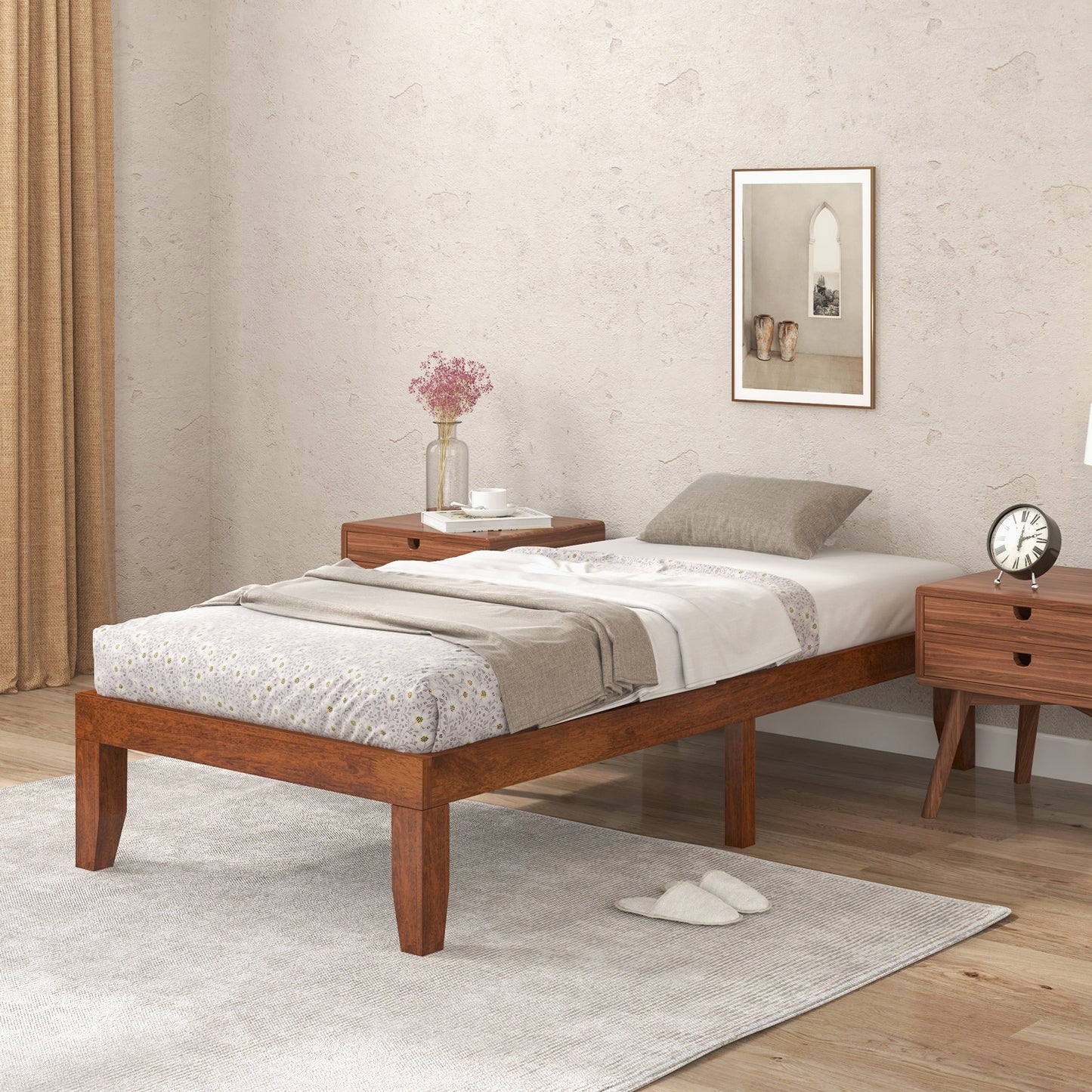 14 Inch Twin Size Solid Rubberwood Platform Bed Frame with Durable Wood Slat Support – Walnut