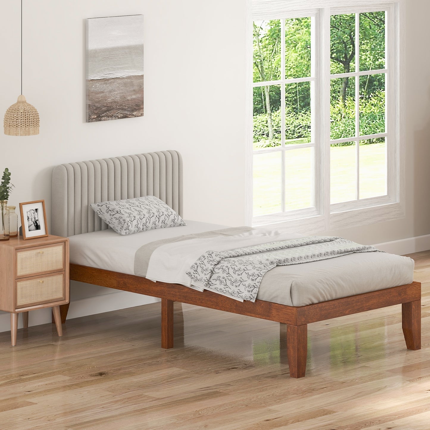 14 Inch Twin Size Solid Rubberwood Platform Bed Frame with Durable Wood Slat Support – Walnut