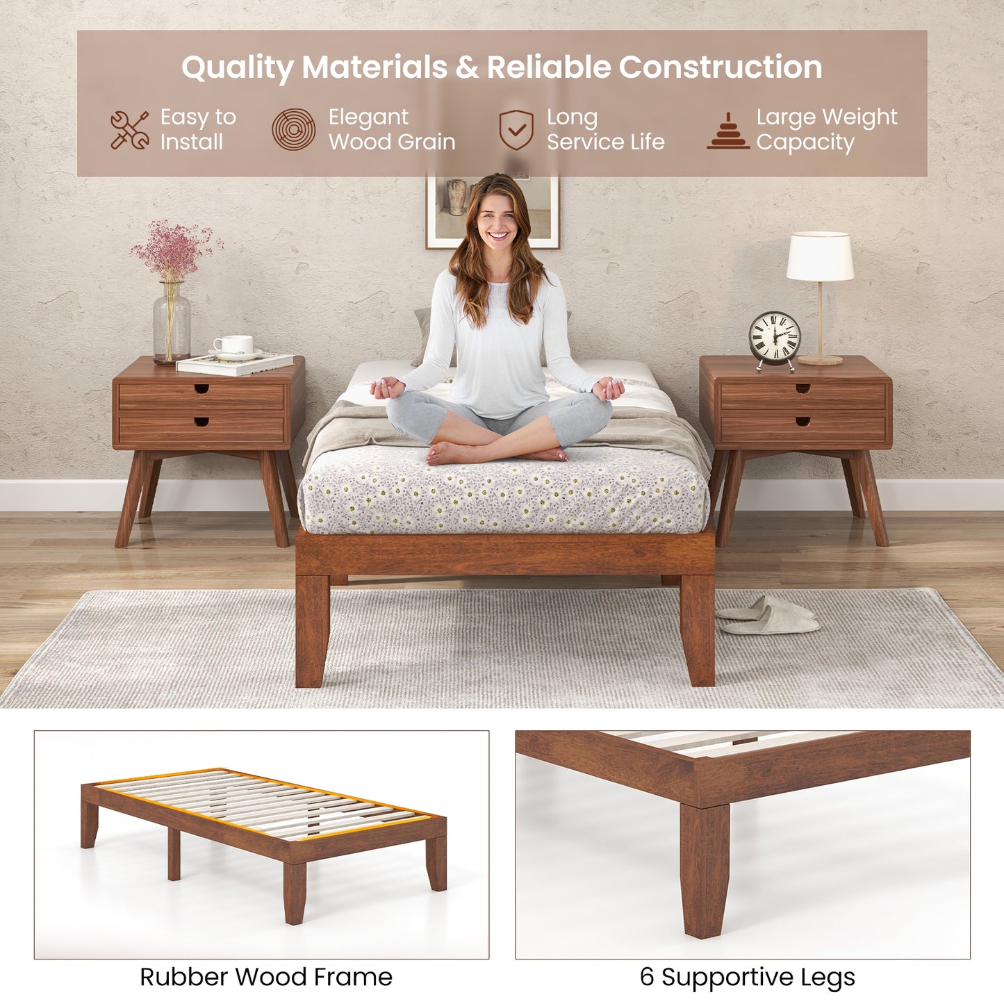14 Inch Twin Size Solid Rubberwood Platform Bed Frame with Durable Wood Slat Support – Walnut