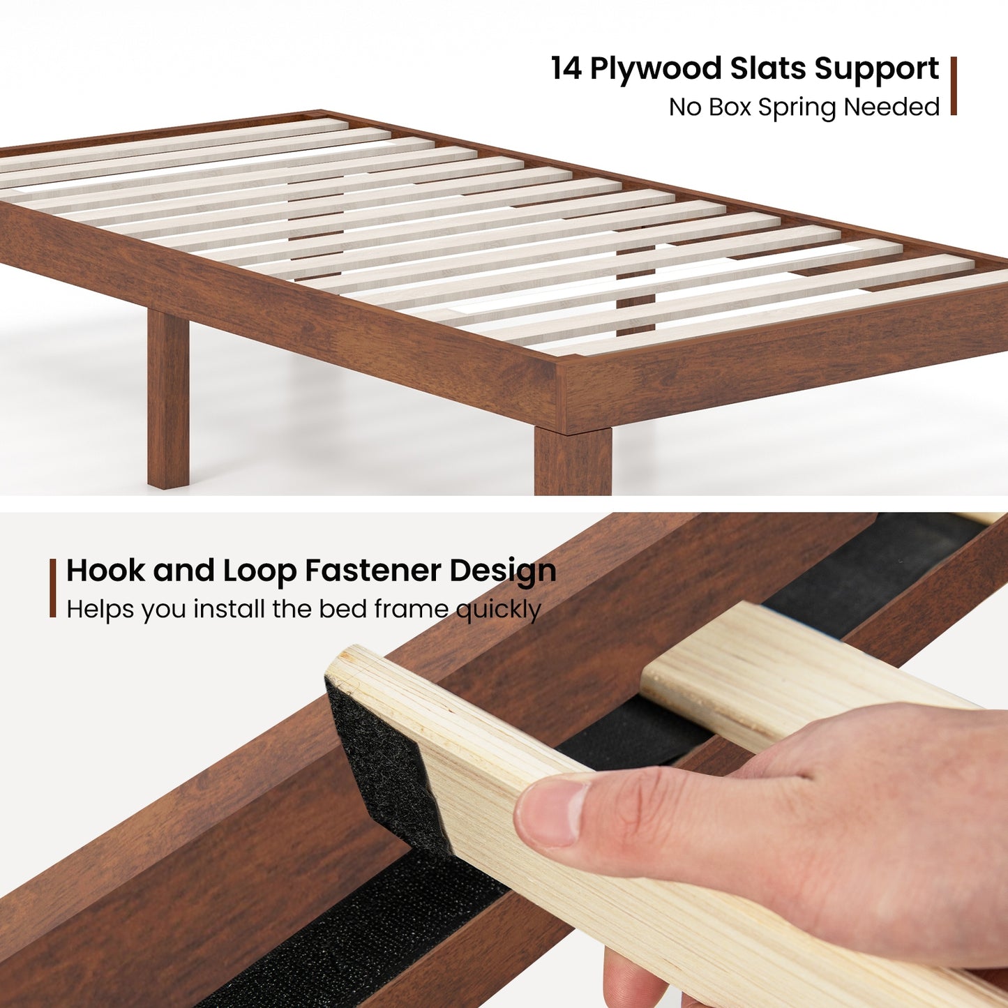 14 Inch Twin Size Solid Rubberwood Platform Bed Frame with Durable Wood Slat Support – Walnut