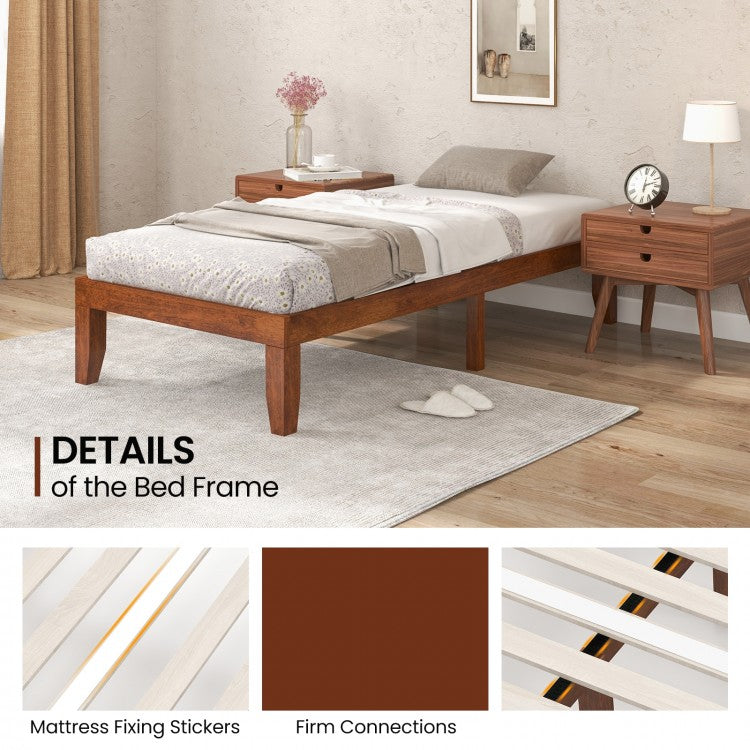 14 Inch Twin Size Solid Rubberwood Platform Bed Frame with Durable Wood Slat Support – Walnut