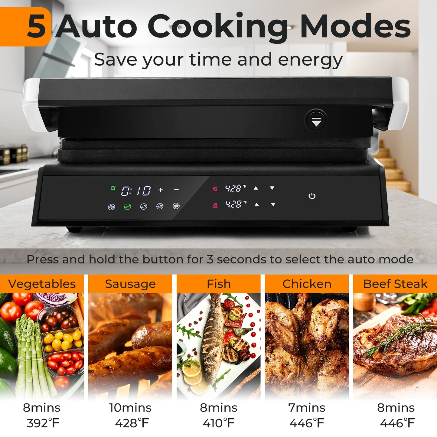 3 in 1 Electric Grill & Panini Press with LED Touch Display