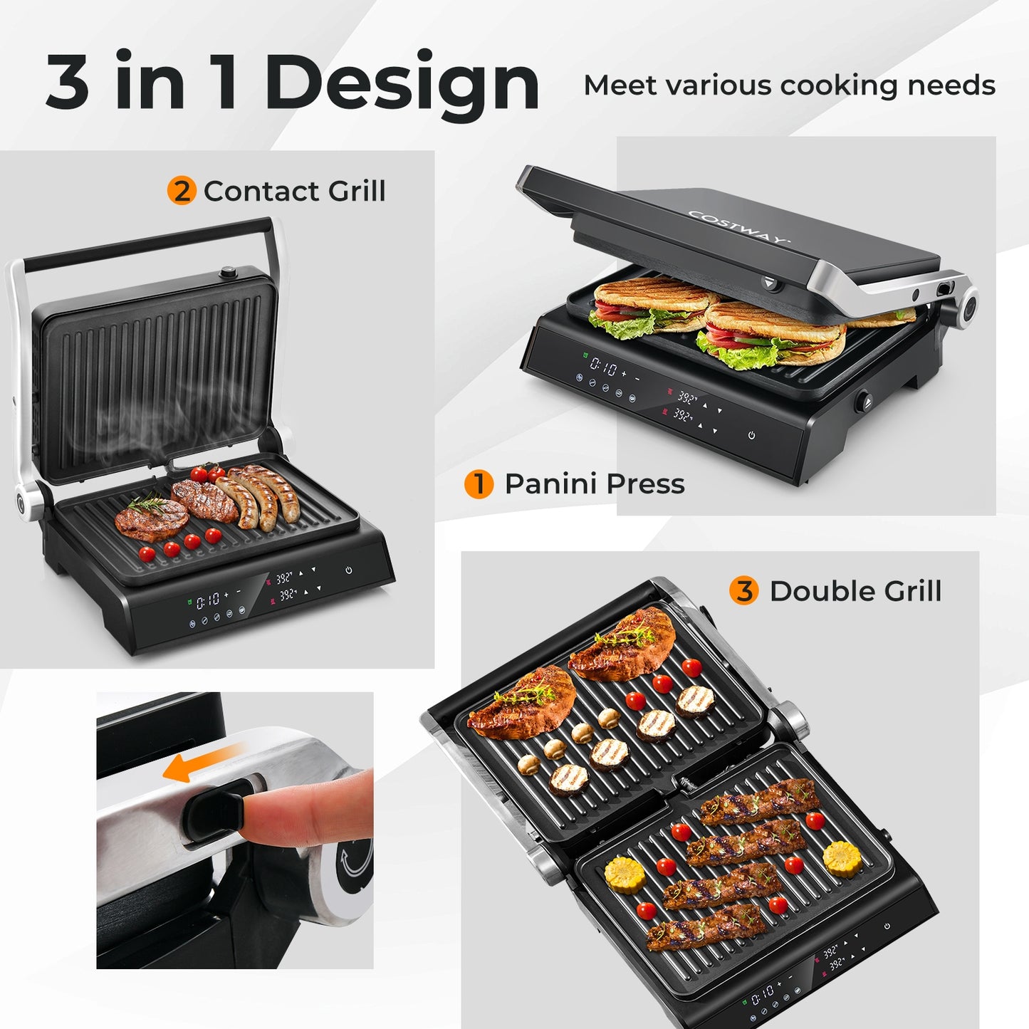 3 in 1 Electric Grill & Panini Press with LED Touch Display