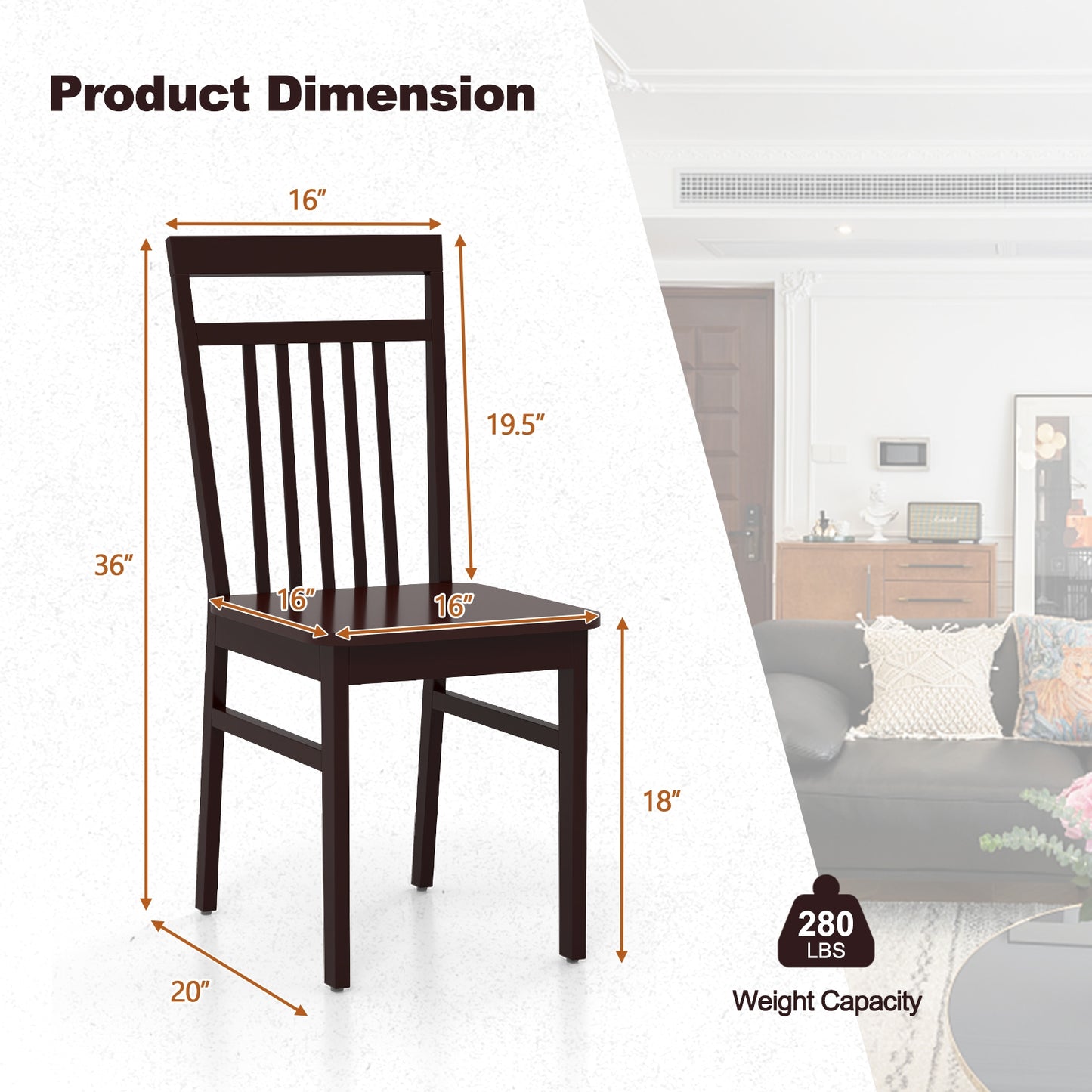 Farmhouse Dining Chairs with Slanted High Backrest and Durable Rubber Wood Frame - Set of 2